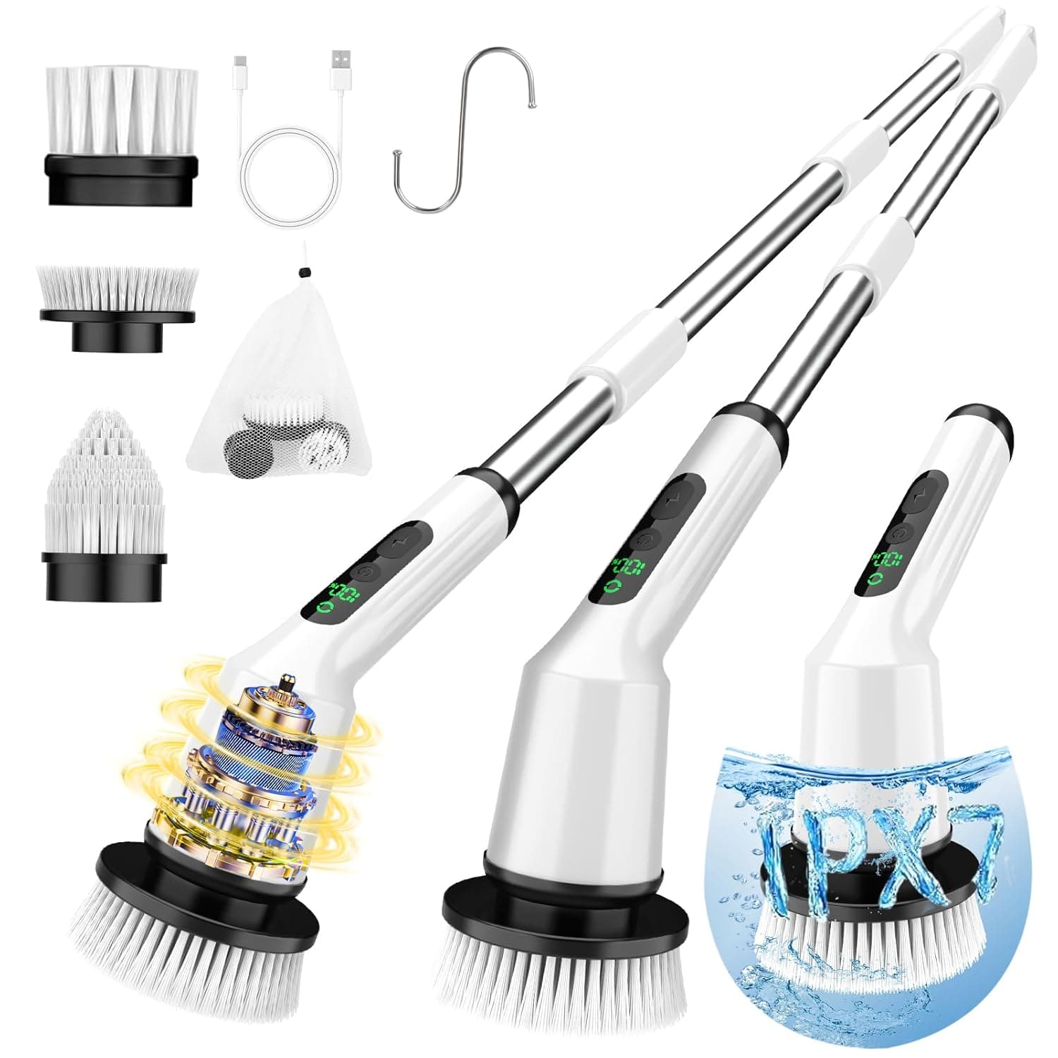 Electric Spin Scrubber for Cleaning Bathroom, Shower Scrubber Cordless Cleaning Brush with IPX7 Waterproof & 2 Speed, 3 Brush Heads, Bathroom Cleaning Supplies for Shower Tub Kitchen Tile Toilet White - image 1