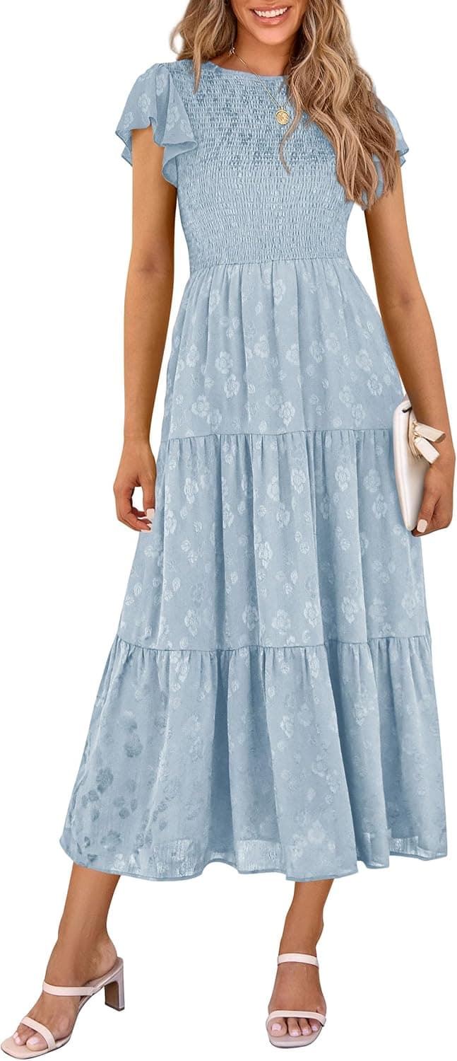 PRETTYGARDEN Midi Dresses for Women 2026 Summer Floral Cap Sleeve Smocked A Line Long Elegant Spring Wedding Guest Dress