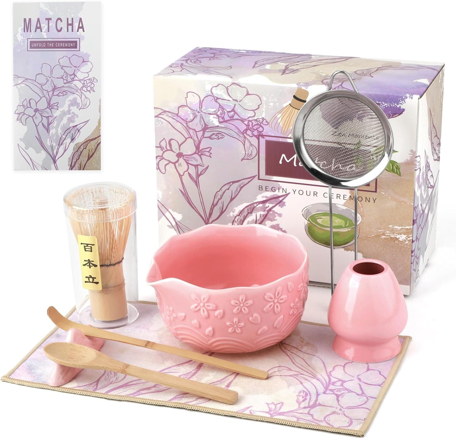Matcha Whisk Set, 8 Pcs Matcha Kit with Ceramic Japanese Matcha Bowl & Accessories Kit for Traditional Tea Ceremony, Home Use & Gifts for Matcha Lovers (Pink) - image 1