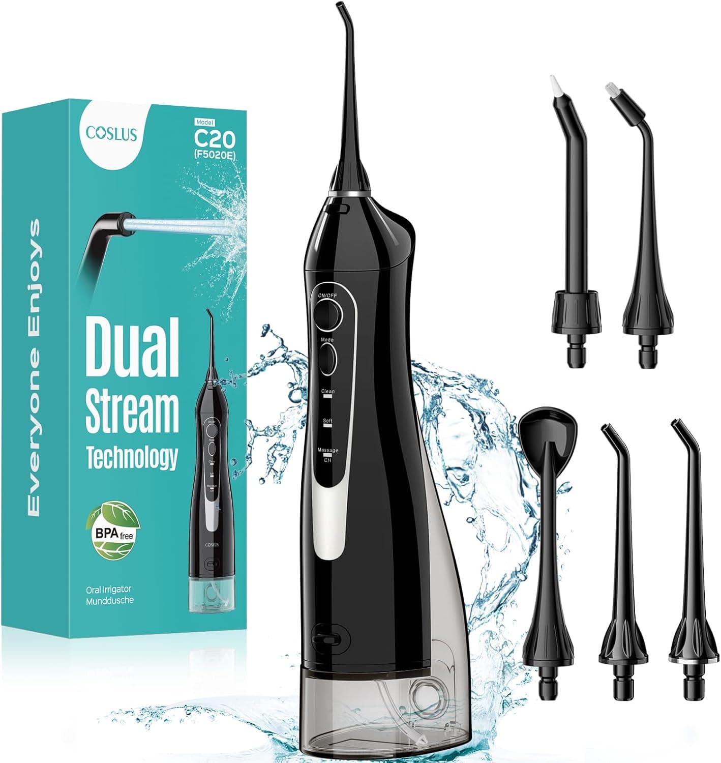 COSLUS Water Dental Flosser Teeth Pick C20: ADA Accepted, Portable Cordless Oral Irrigator 300ML Rechargeable Travel Irrigation Cleaner IPX7 Waterproof Electric Flossing Machine for Teeth, Black