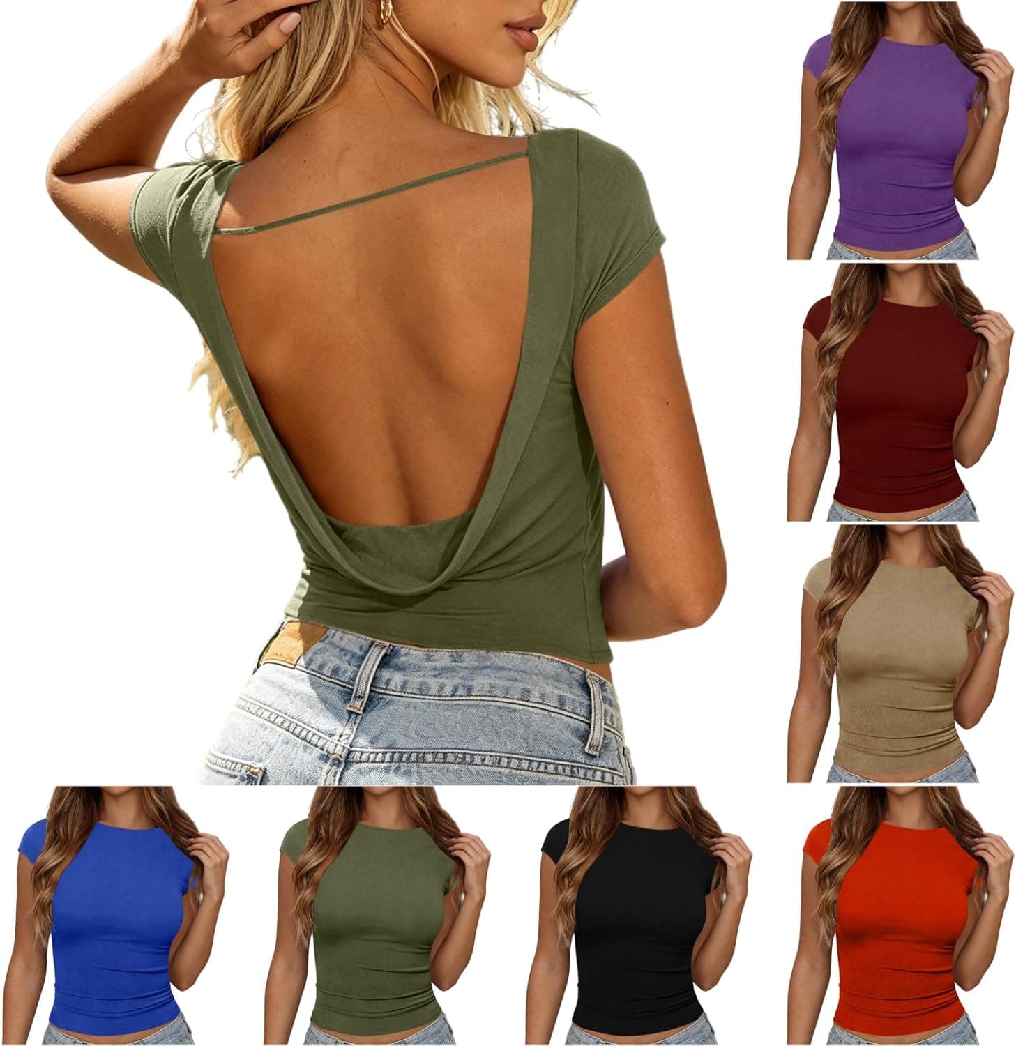 Open Back Tops for Women Trendy Backless Shirt Boat Neck Short Sleeve Slim Fit Going Out Top Y2k Basic Clothes