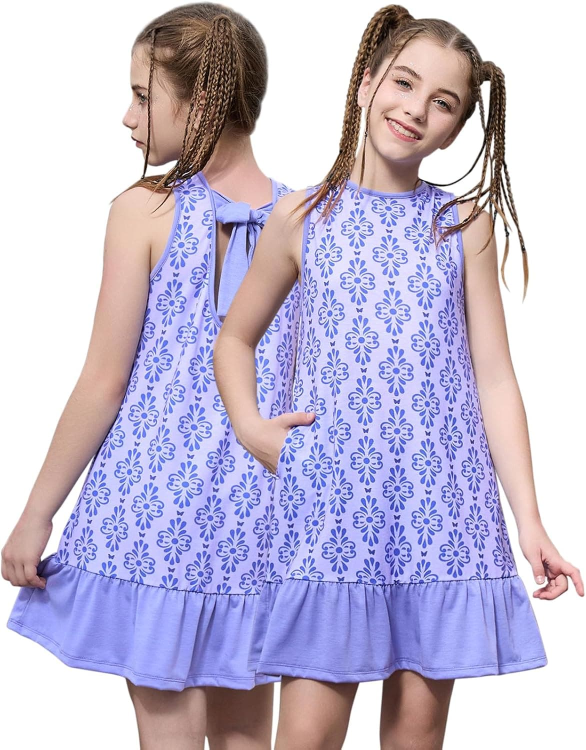 Mirawise Girls Summer Sleeveless Dress with Pockets Bow Back Ruffle Hem Casual Swing Dress for 4-13Y - image 1