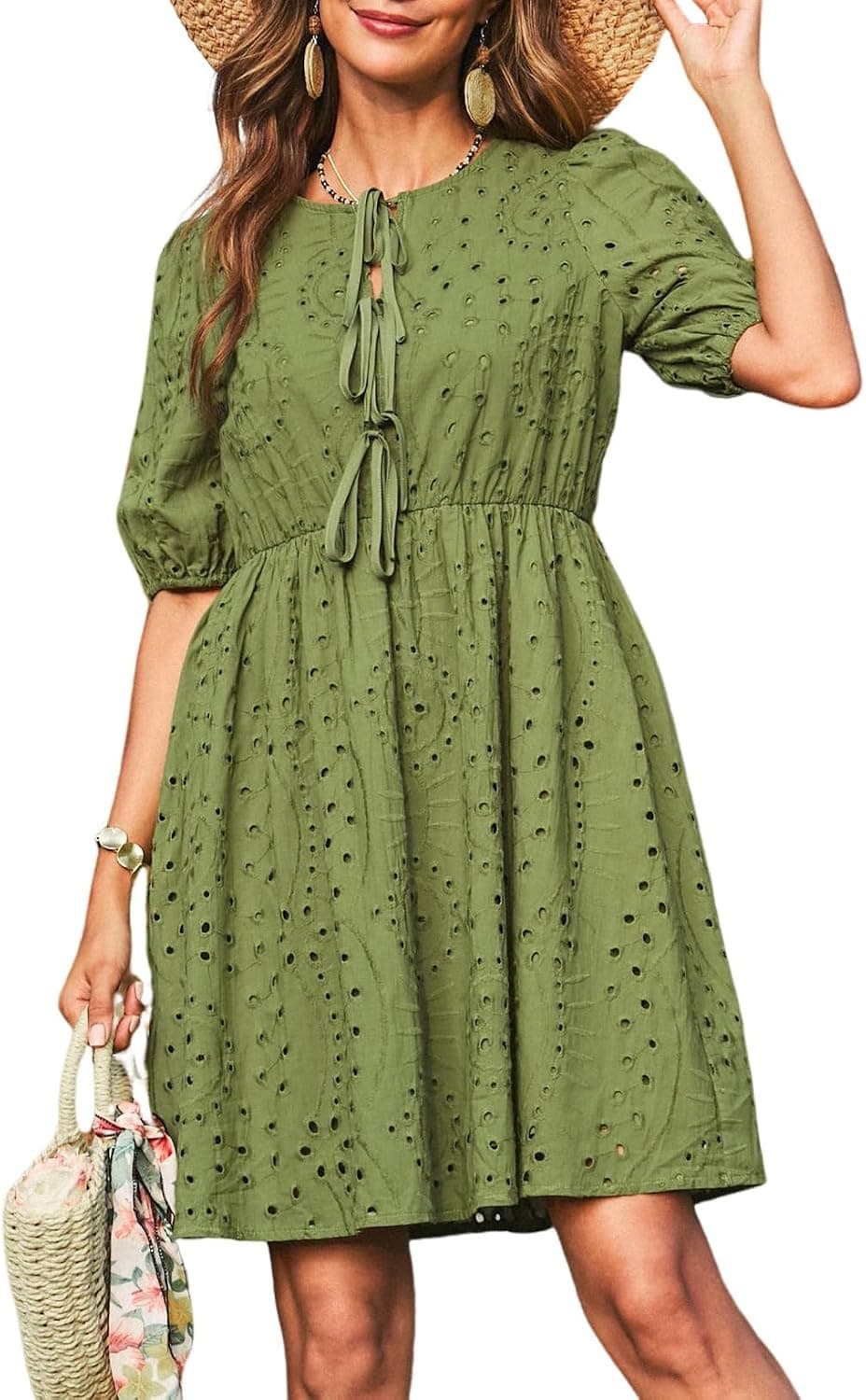 Dokotoo Summer Dresses for Women 2026 Tie Front V Neck Short Puff Sleeve Hollow Out Lace Wedding Guest Dress - image 1