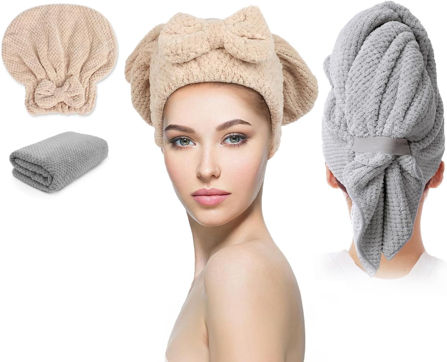 Hair Towel Wrap for Women 2 Pack, Anti-Frizz Microfiber Hair Plopping Towel Super Absorbent Quick Dry Turbans for Curly Wet Hair Grey Khaki