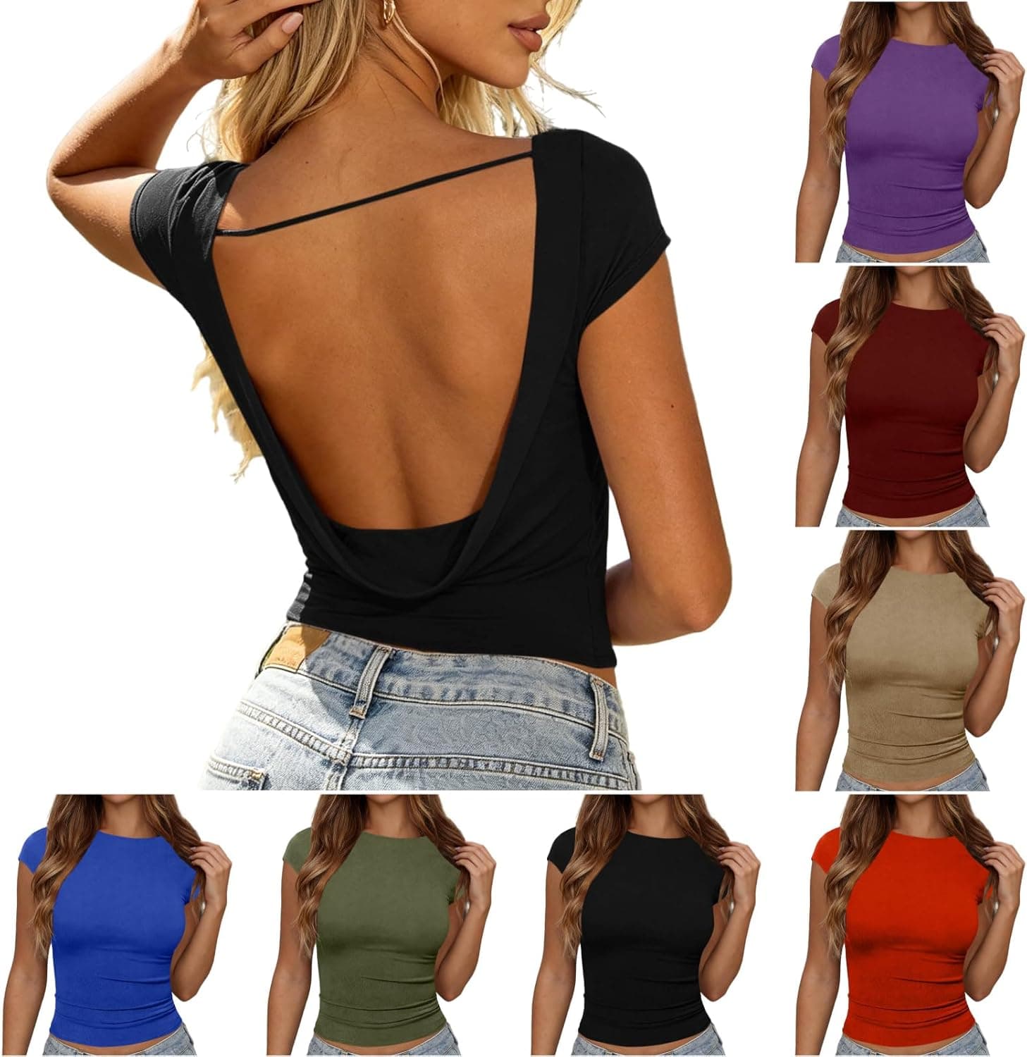 Open Back Tops for Women Trendy Backless Shirt Boat Neck Short Sleeve Slim Fit Going Out Top Y2k Basic Clothes