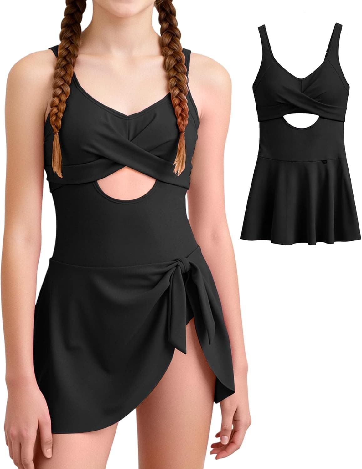 Girls One Piece Swimsuit Padded with Ruffle Skirt Girls Bathing Suit Adjustable Straps Teen Swimwear 8-15 - image 1