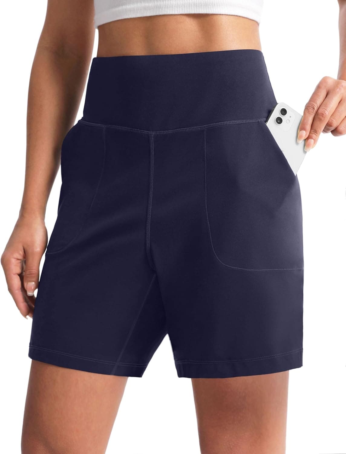 Women's Athletic Shorts with Zipper Pocket 6"/9" High Waisted Bermuda Shorts for Women Workout Walking Running