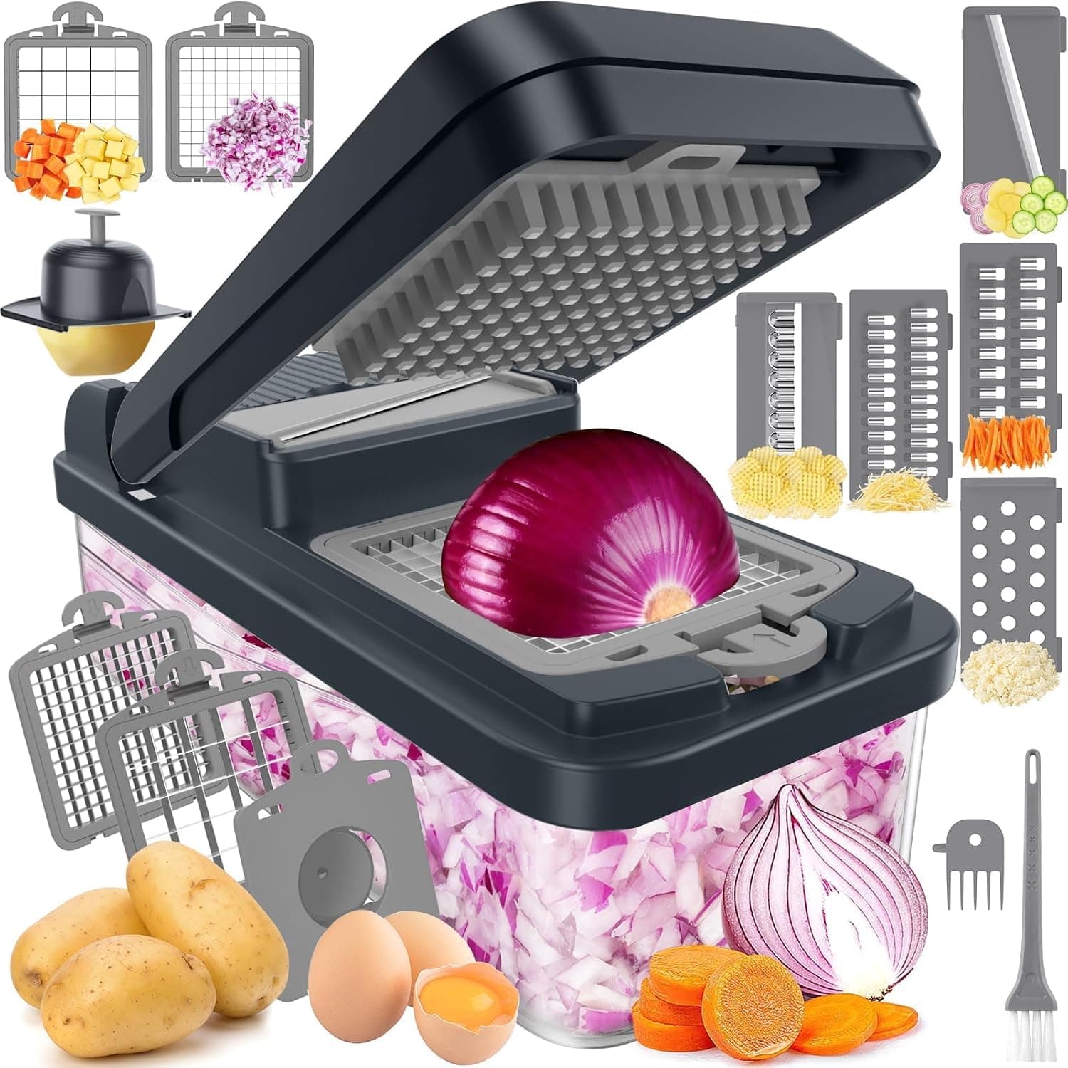12-in-1 Vegetable Chopper with 7 Blades, Food Veggie Cutter, Mandoline Gray | Includes Egg Separator, Food Container and Finger Guard - image 1