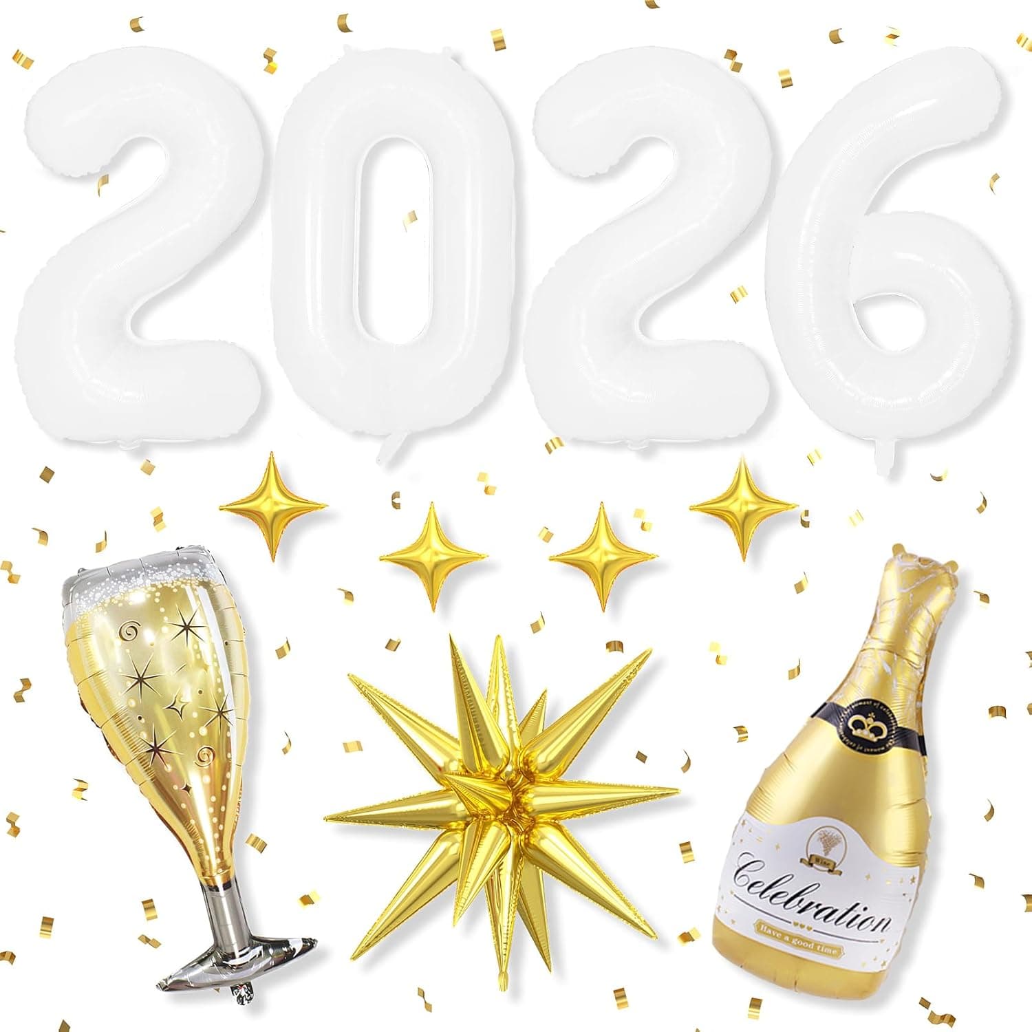 White 2026 Balloons, 40 Inch Number 2026 White Foil Balloons, Gold Star Balloon with Champagne Bottle Glass Balloon for Happy New Years Eve Party Supplies 2026 Class of 2026 Graduation Decorations