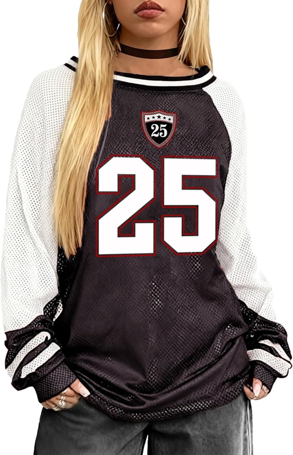Y2k Oversized Mesh Jersey Long Sleeve Tees for Women Vintage Number Graphic Casual Streetwear Tops