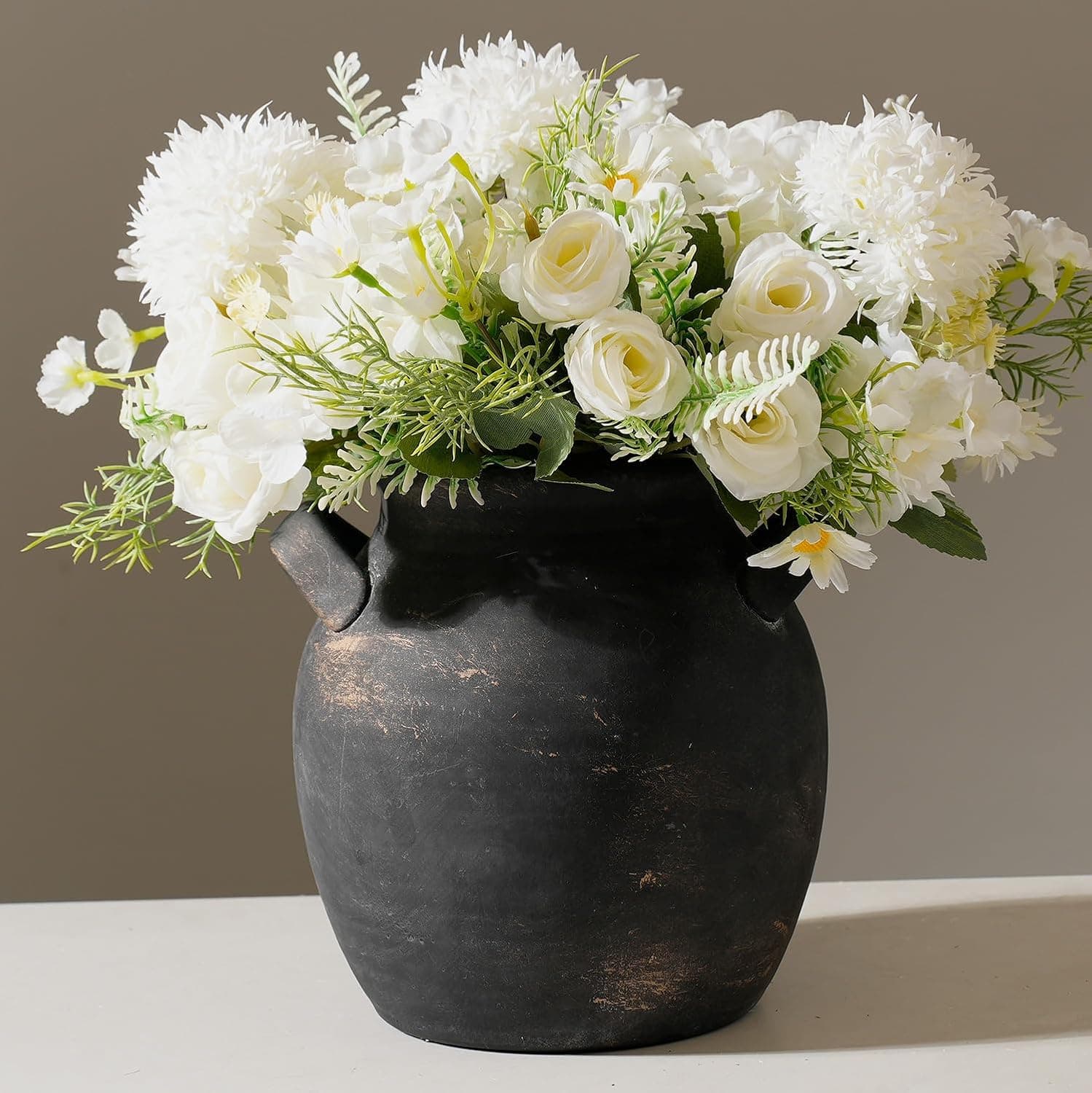7.1 Inch Tall Vintage Ceramic Flower Vase with Handles,Rustic Farmhouse Vase for Home Decor,Distressed Decorative Terracotta Vase for Table Centerpiece Entryway Living Room Bedroom (001-bronze)