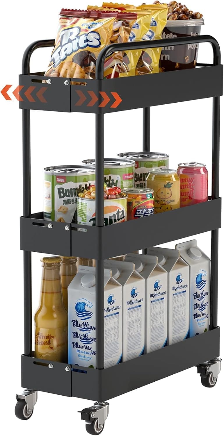 HOTEAGLE 3-Tier Rolling Cart - Adjustable Width & High Adaptability Metal Utility Carts with Wheels, Ideal Storage Organizer for Livingroom, Kitchen and Bathroom, Black