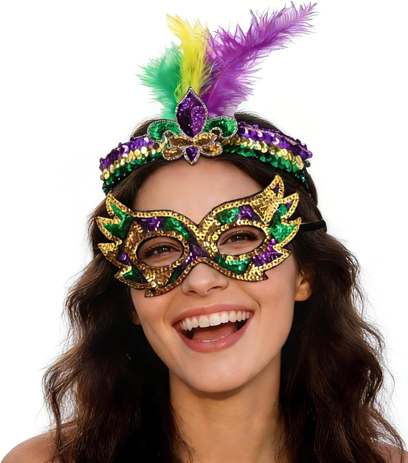 Carnival Headband & Mask, Hairband Feather Outfit Accessories for Women, Headpiece Carnival Headwear for Valentine's day, Saint Patrick, Easter, 1 Pcs Headband & 1 Pcs Mask