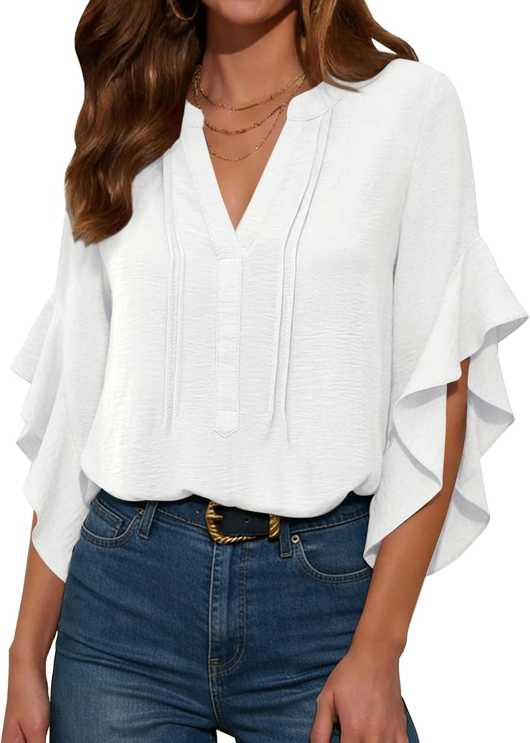 Womens Dressy Casual Blouse 3/4 Sleeve V Neck Ruffle Tops Ladies Trendy Fashion Work Shirt Loose Fit Tunic - image 1