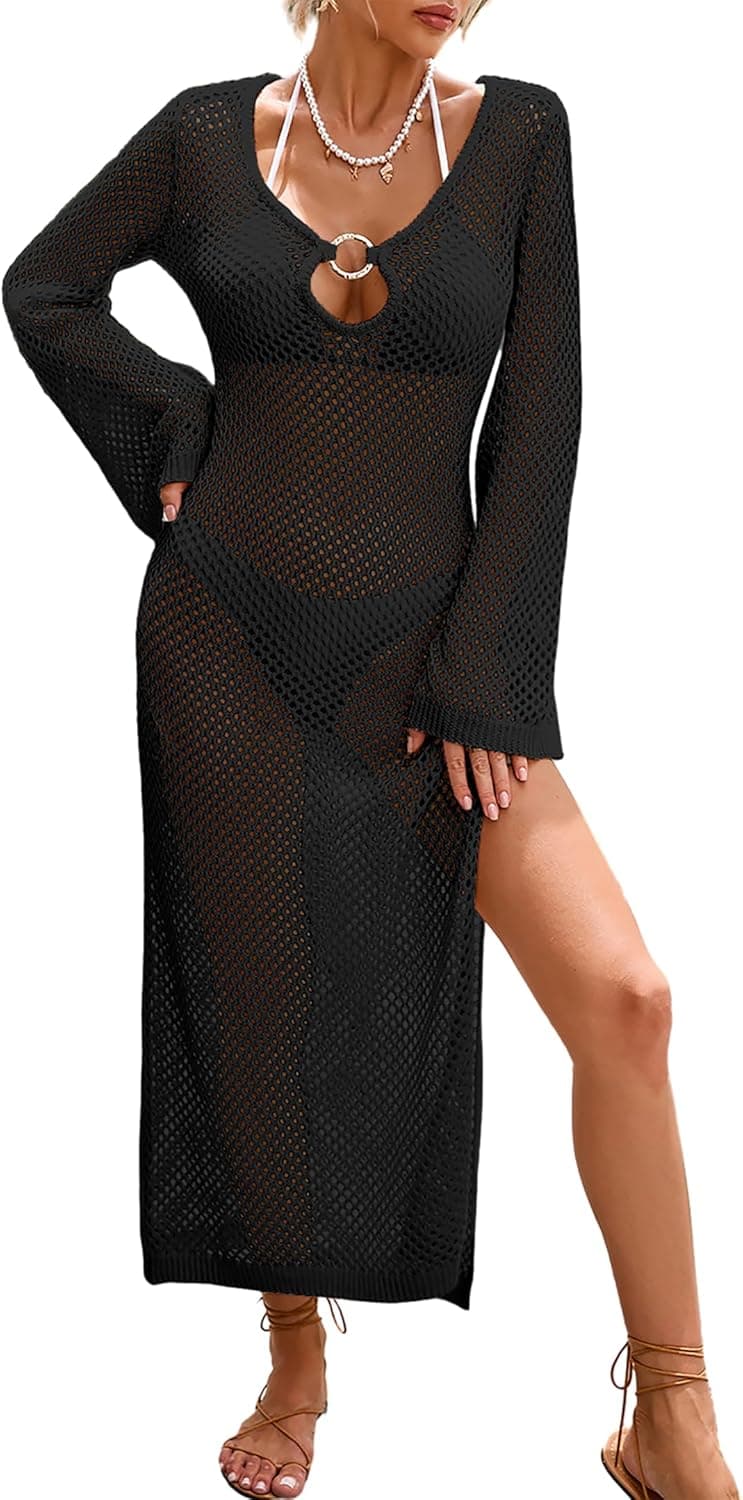 Womens Swimsuit Crochet Cover Up Knit Long Sleeve Swimwear Bikini Coverups 2026 Summer Vacation Maxi Beach Dress - image 1