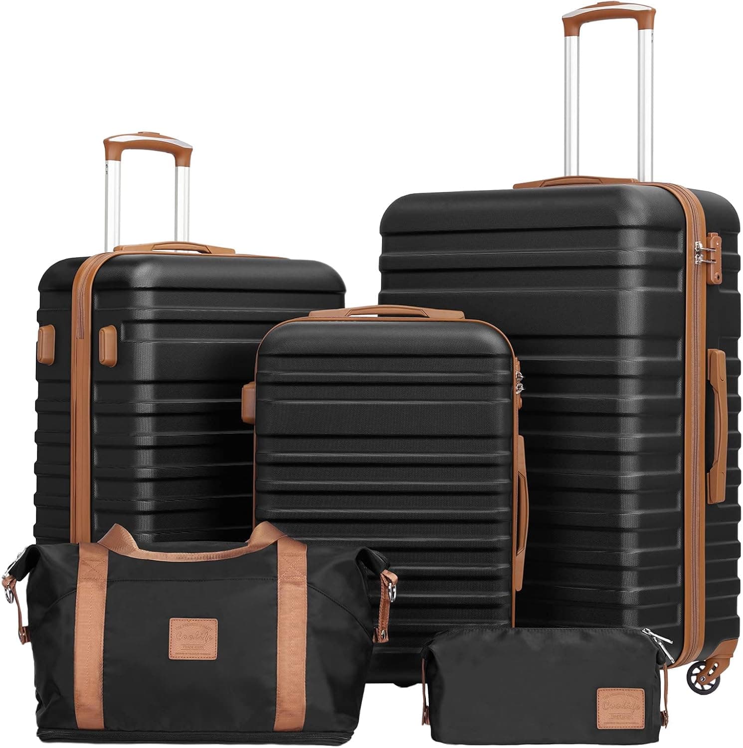 Coolife Suitcase Set 3 Piece Carry On Hardside Luggage with TSA Lock Spinner Wheels (Black, 5 piece set)