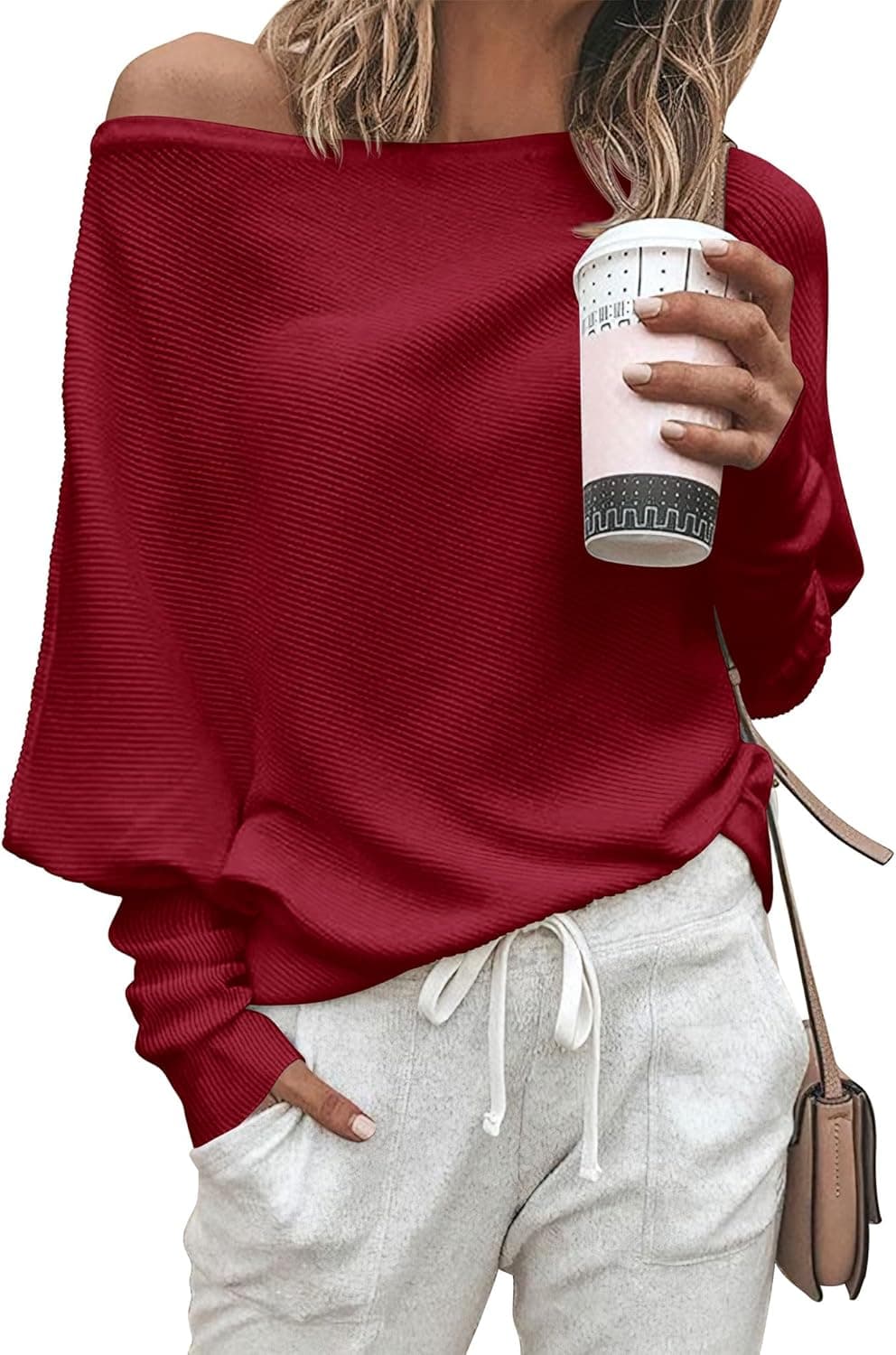 Zenlonr Women's Fall Sweaters 2026 Casual Long Batwing Sleeve Loose Off Shoulder Knit Pullovers Jumper Tops - image 1