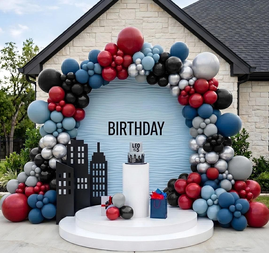 Black Red Blue Balloon Arch Garland Kit, 110pcs Double Stuffed Ruby Red Dusty Denim Blue Grey & Silver Balloon for Spider Theme Birthday Hero Graduation Pirate Baby Shower Party
