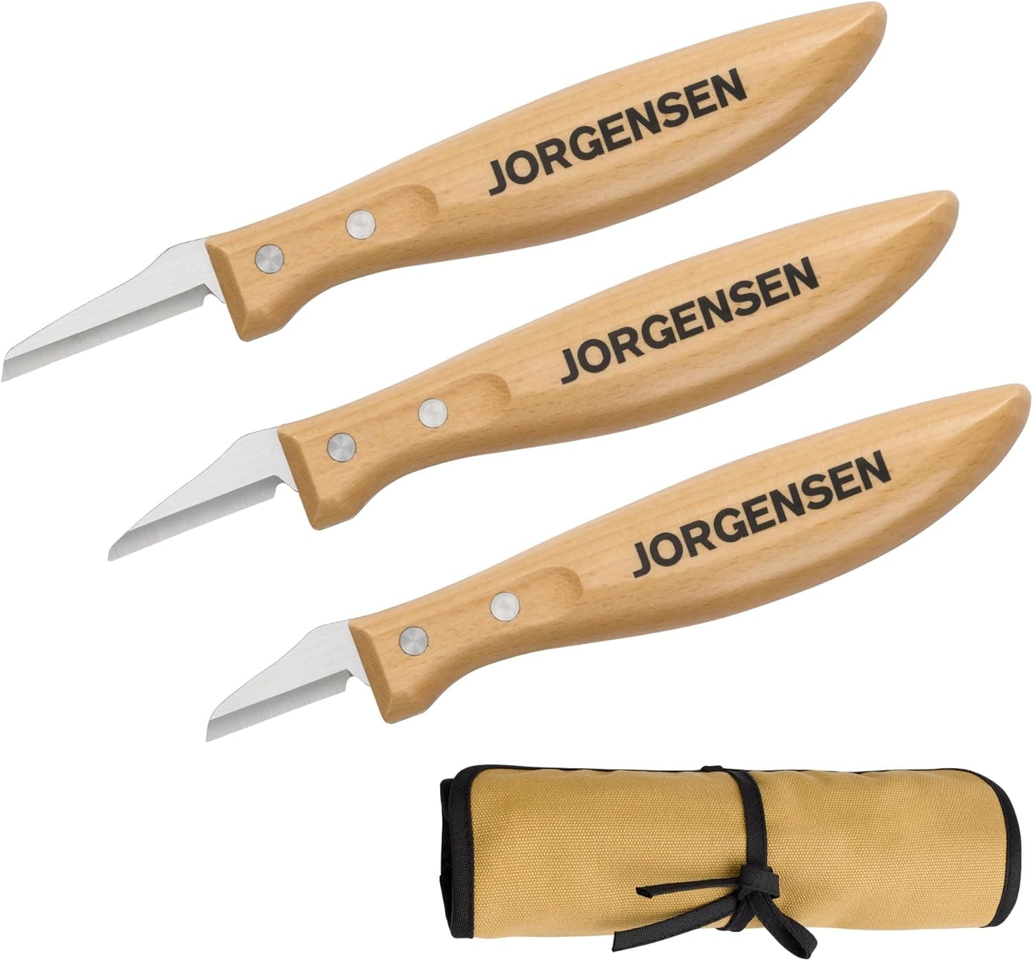 Jorgensen 3-Piece Wood Carving Tools, Stainless Steel Whittling Knife Set with Canvas Pouch, Protective Blade Cover, Ergonomic Curved Handle - Professional Wood Carving Kit for Beginners