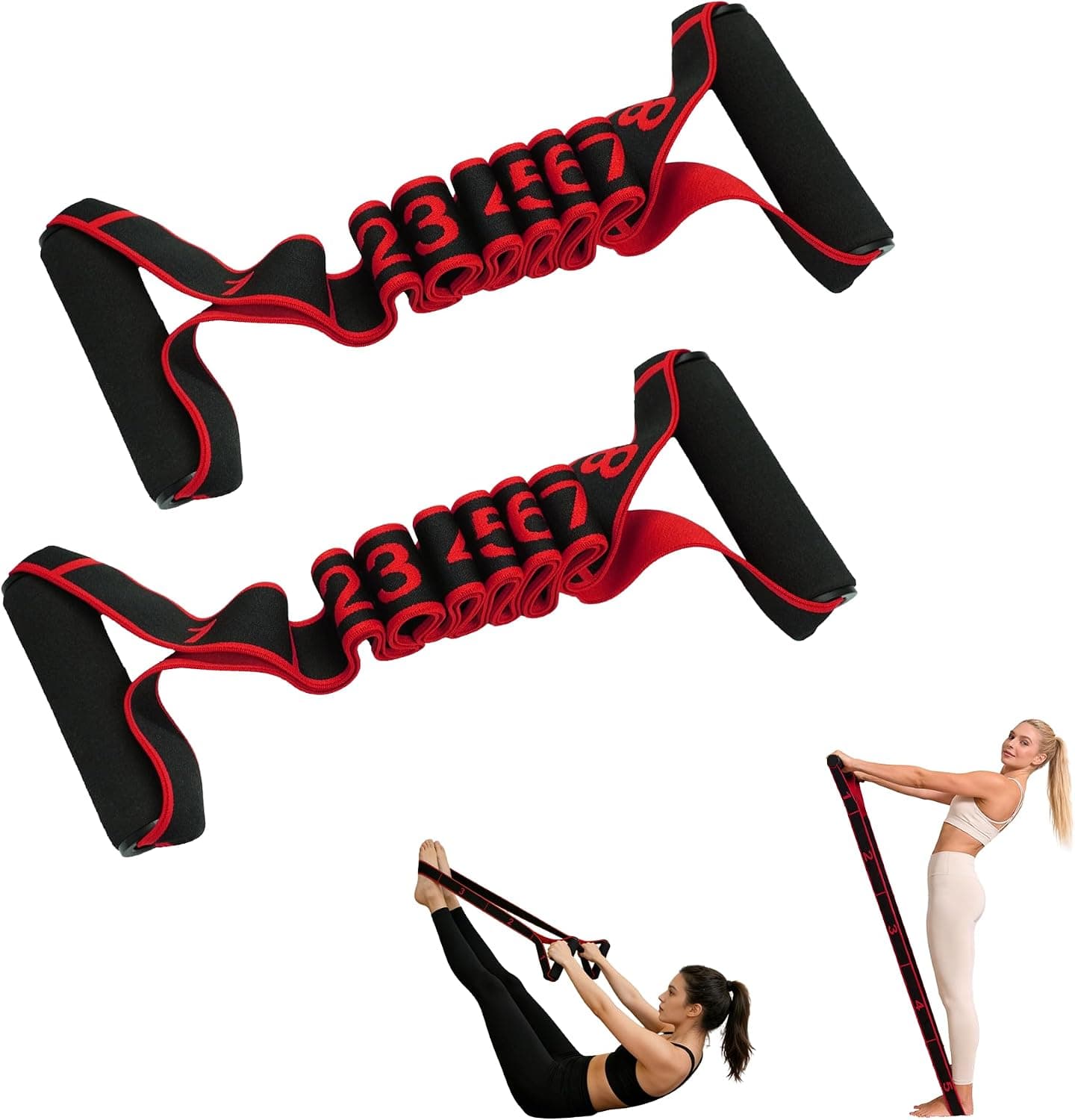 Fitness Resistance Band for Stretching and Yoga, Number Stretch Resistance Band with Clear Markings & Handles, 8-Segment Elastic Pull Rope for Pilates & Full Body Workout, Home Gym Equipment for Women