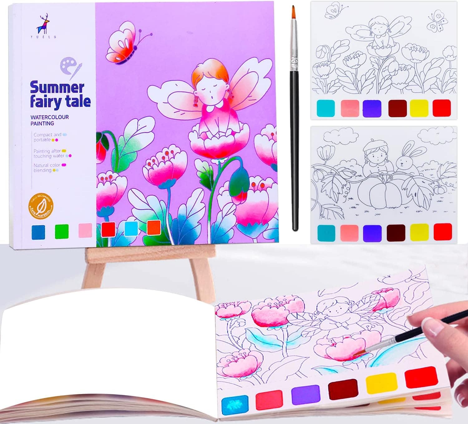 JUNQIU Watercolor Coloring Books for Kids Ages 4-8, Pocket Watercolor Painting Book for Toddlers, Arts and Crafts for Girls Gifts, Stocking Stuffers For Kids