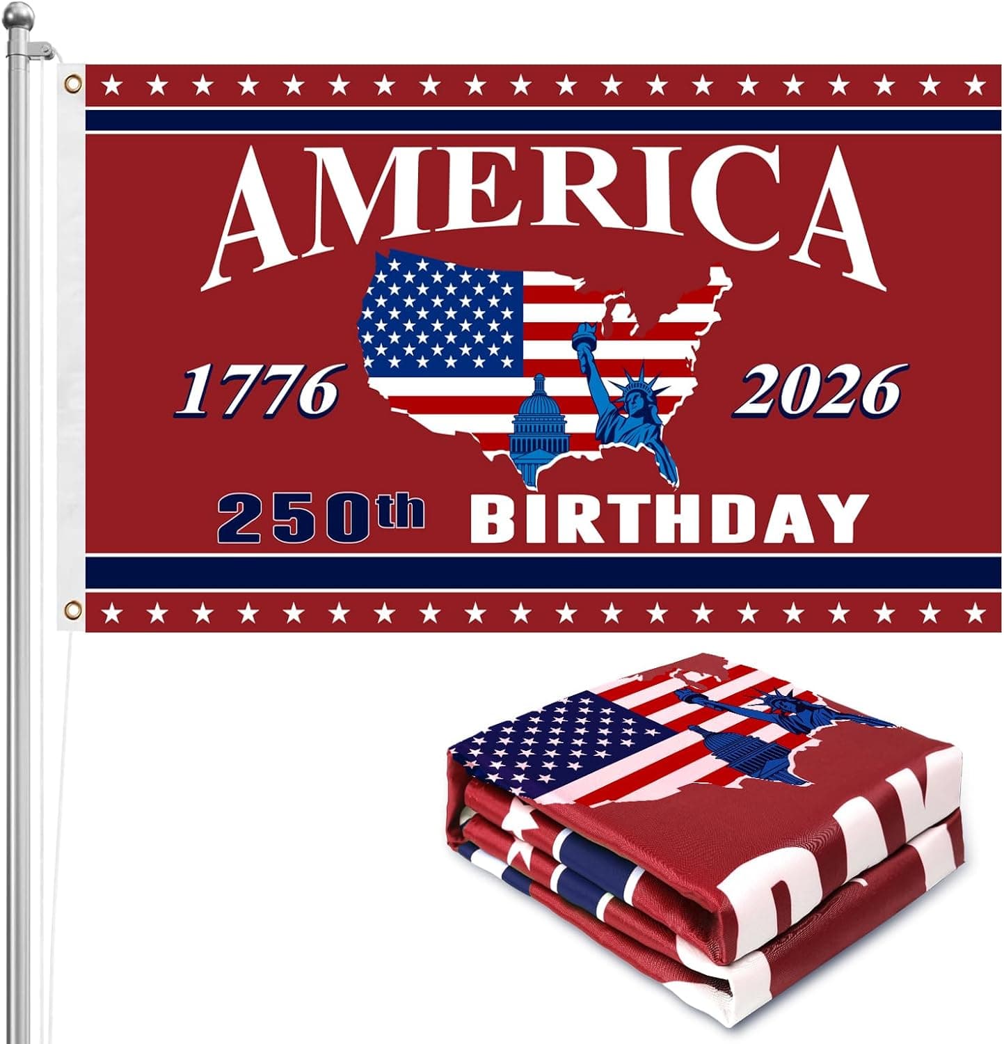 250th Anniversary American Flag - 3x5 Ft Red White and Blue Double Sided 3 Layers Patriotic Flag - 4th of July Decorations Independence Day 250th Anniversary Flag for Indoor Outdoor Decoration