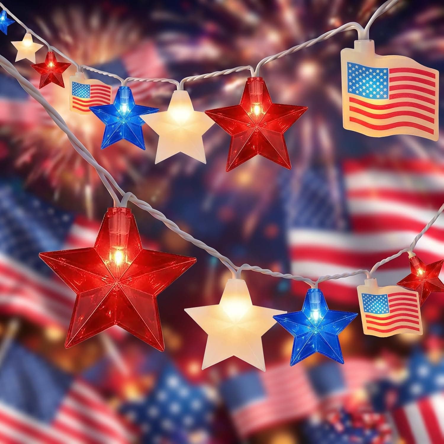 35 LED Red White Blue String Lights, 13.6FT 4th of July Decoration Lights with Patriotic Star & American flag Lights, Connectable Independence Day Lights for Window Home Patio Party Garden Decor