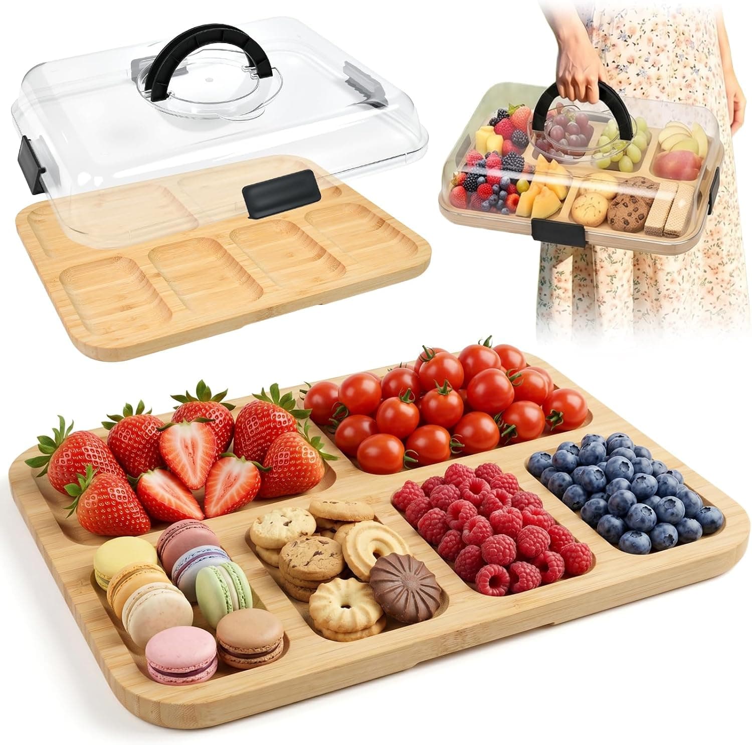 Charcuterie Board with Lid, 36.5cm with Handle, Bamboo with Lid, Serving Tray for Cheese, Snacks, Appetizers, Large Divided Snack Platter for Picnic, Party, 2-4 Person