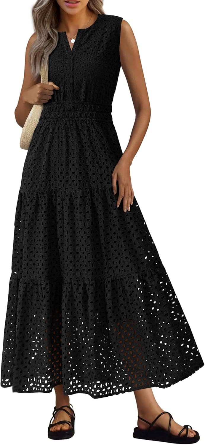 PRETTYGARDEN Womens 2026 Summer Maxi Dresses Sleeveless Sundresses V Neck Eyelet A Line Long Flowy Spring Wedding Guest Dress