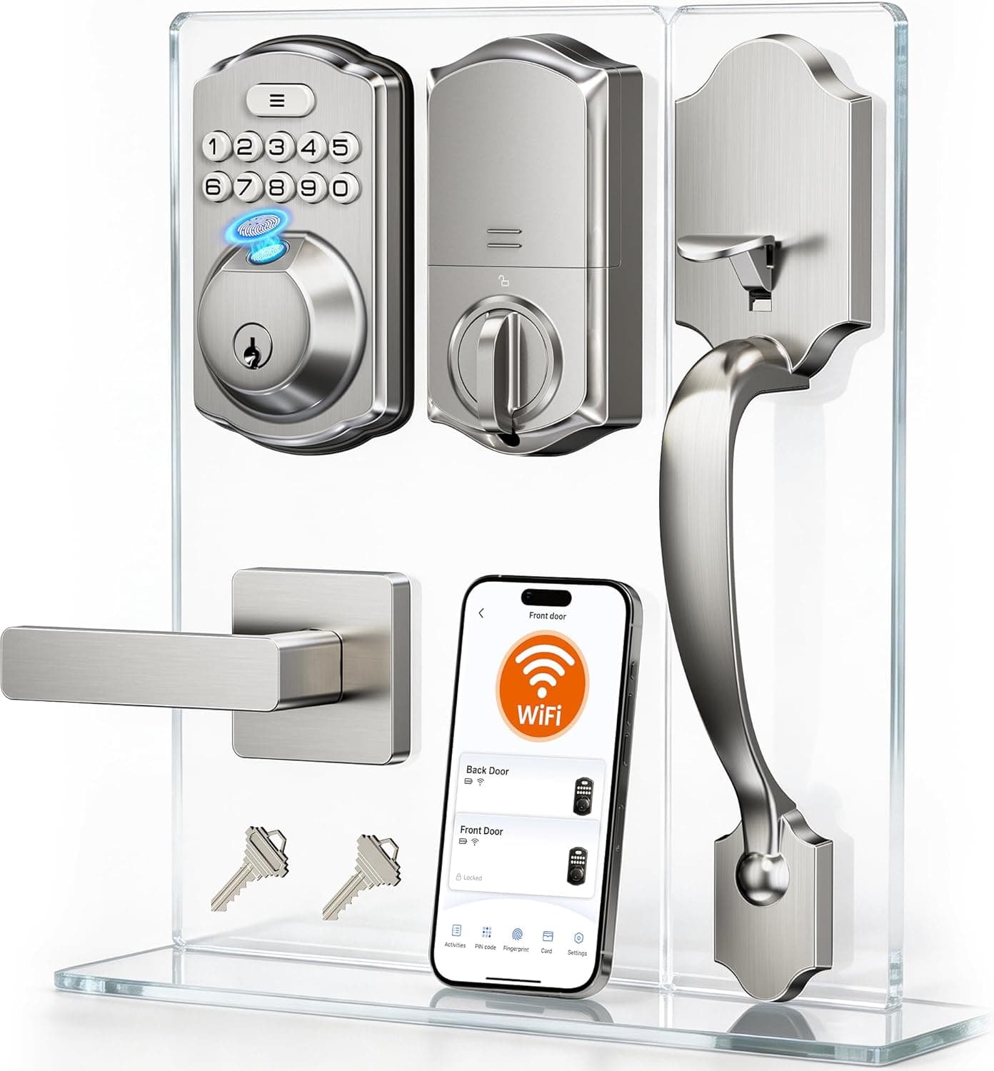 Veise VE012W-H WiFi Smart Front Door Lock Set, Built-in WiFi, App Remote & Voice Control, Fingerprint Keyless Entry Smart deadbolt with Handle, Backlit Keypad, Auto Lock, IP55 Waterproof, Satin Nickel