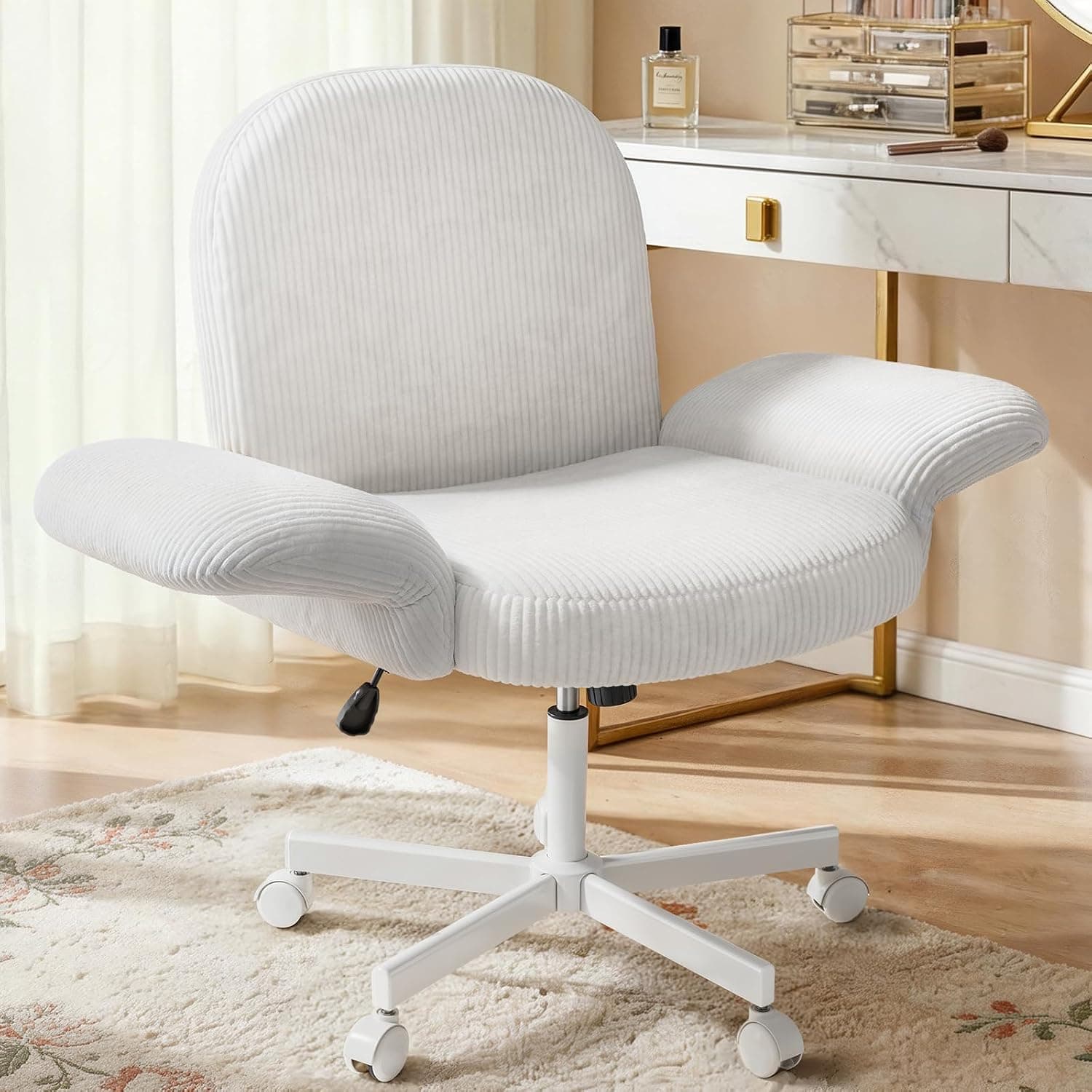 HUANUO Criss Cross Office Chair for Women, Cross Legged Desk Chair with Adjustable Armrests, Soft Corduroy Fabric for Small Spaces, Petite Home Office Computer Chair for Girls, White