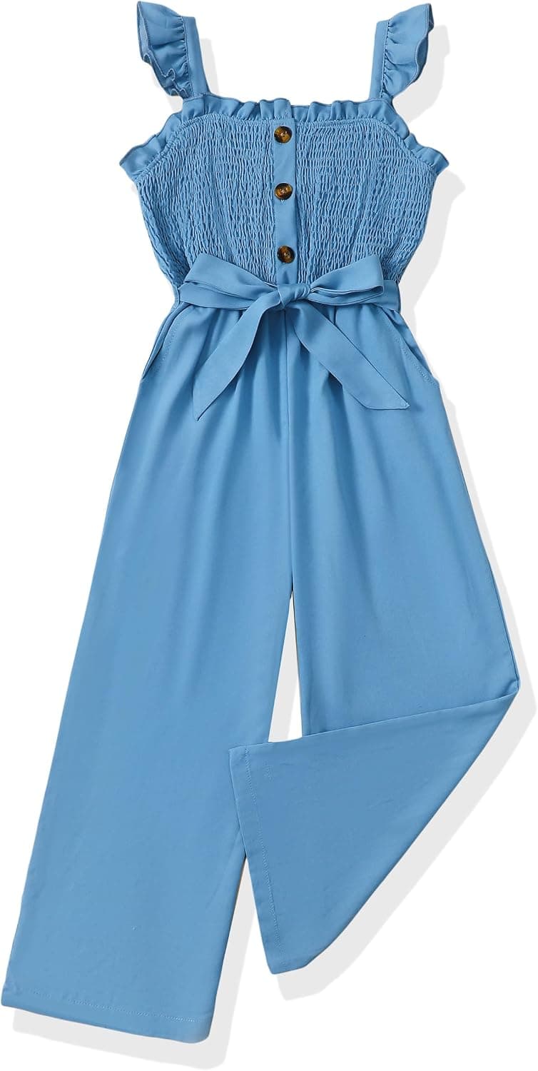SODLON Girls Jumpsuit Kids Clothes Fashion Ruffle Sleeveless Wide Leg Belted Romper Smocked Summer Outfits with Pockets