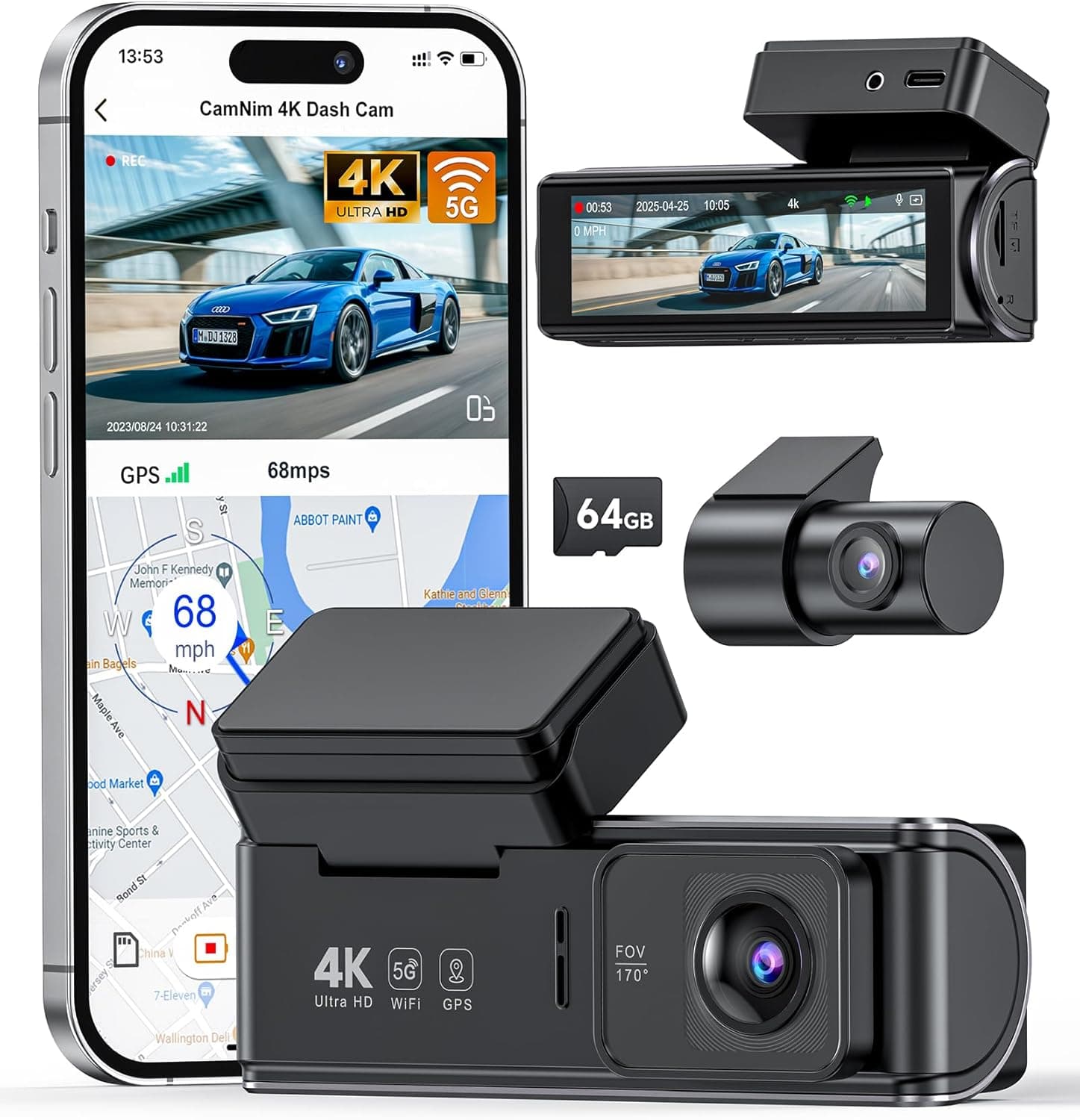 4K Dash Cam Front Rear:Dual Dash Camera for Car, 5GHz/2.4GHz Wi-Fi GPS Dashcam with Loop Recording 24H Parking Monitor Night Vision G-Sensor 170° View Angle APP Control and 64GB Card Gift - image 1