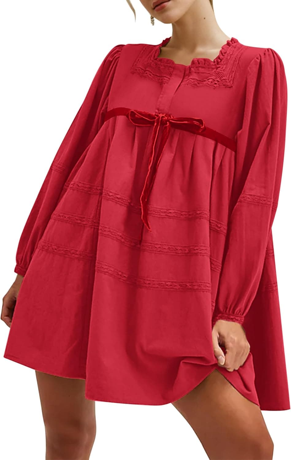 Burtell Women Flowy Long Puff Sleeve Mini Dress Casual Square Neck Lace Embroidered Babydoll Dress Bow Tie A-line Tunic Dress