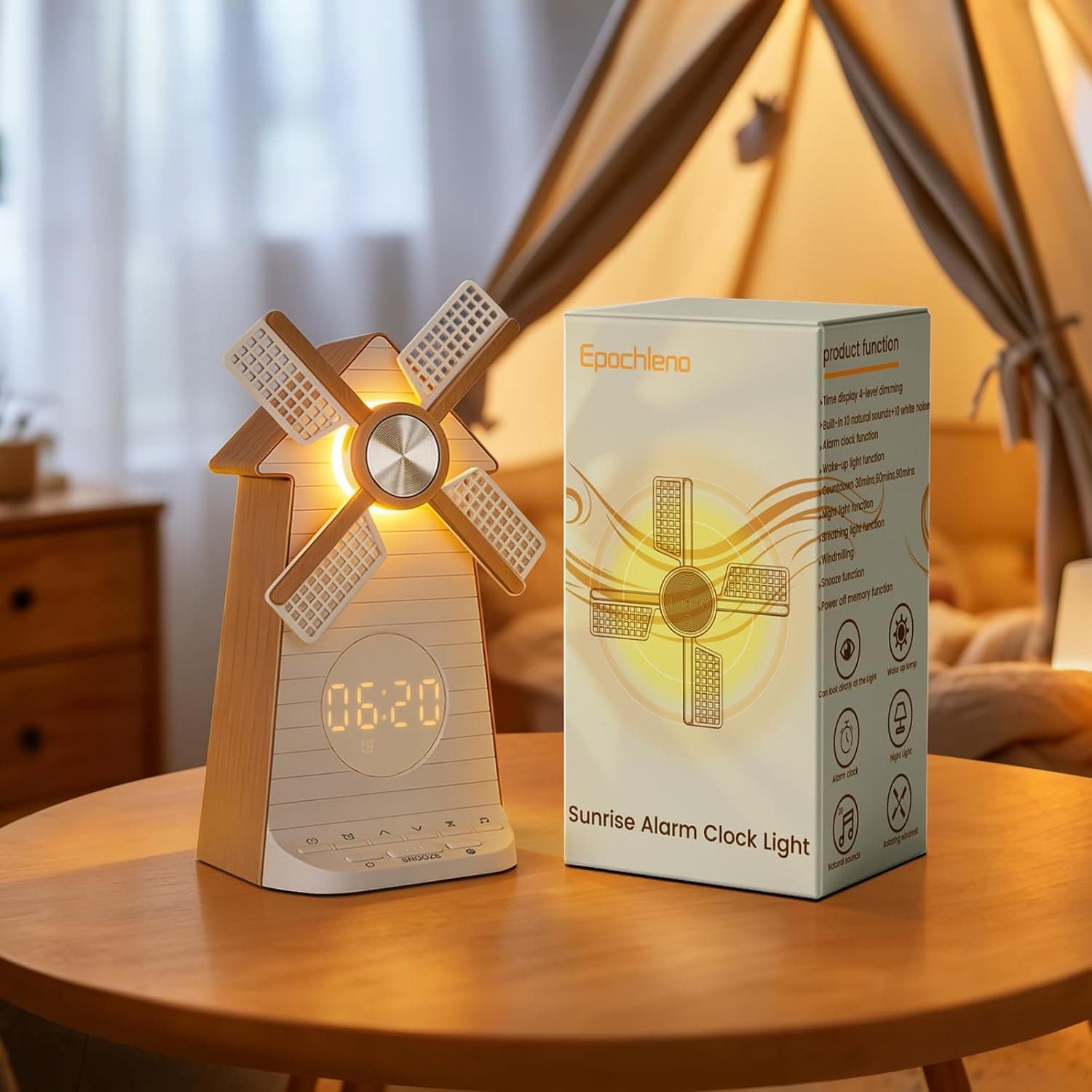 Sunrise Alarm Clock with Rotating Windmill, Easy Snooze Wake Up Light, 10 Natural Sounds & 10 White Noises, 4-Level Dimmer Bedside Night Light with 30/60/90 Min Timers, Sleep Aid Gift for Adults/Kids - image 1