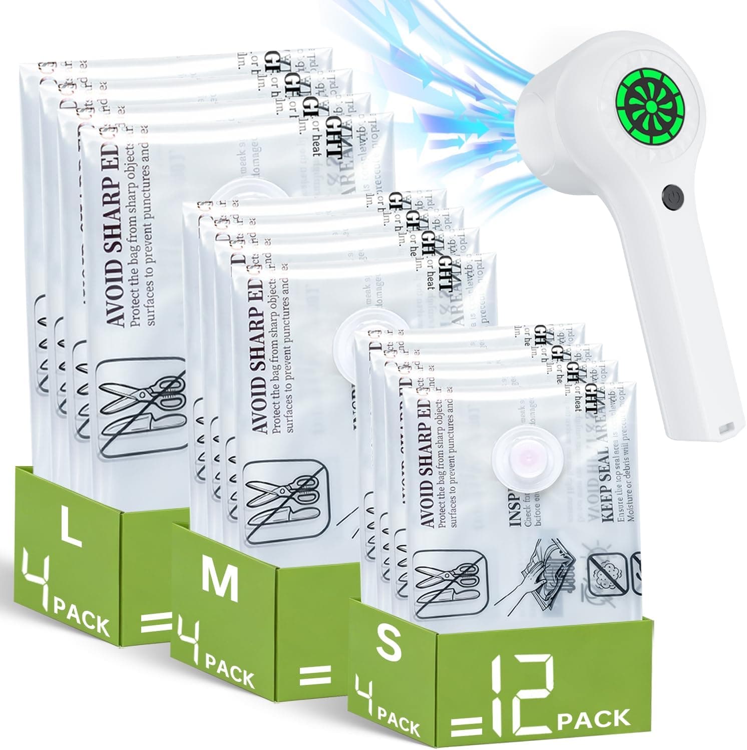 12 Pack Vacuum Seal Bags with Rechargeable Wireless Pump Set, Space Saver Bags Compression Packing Bag for Travel Clothing Clothes