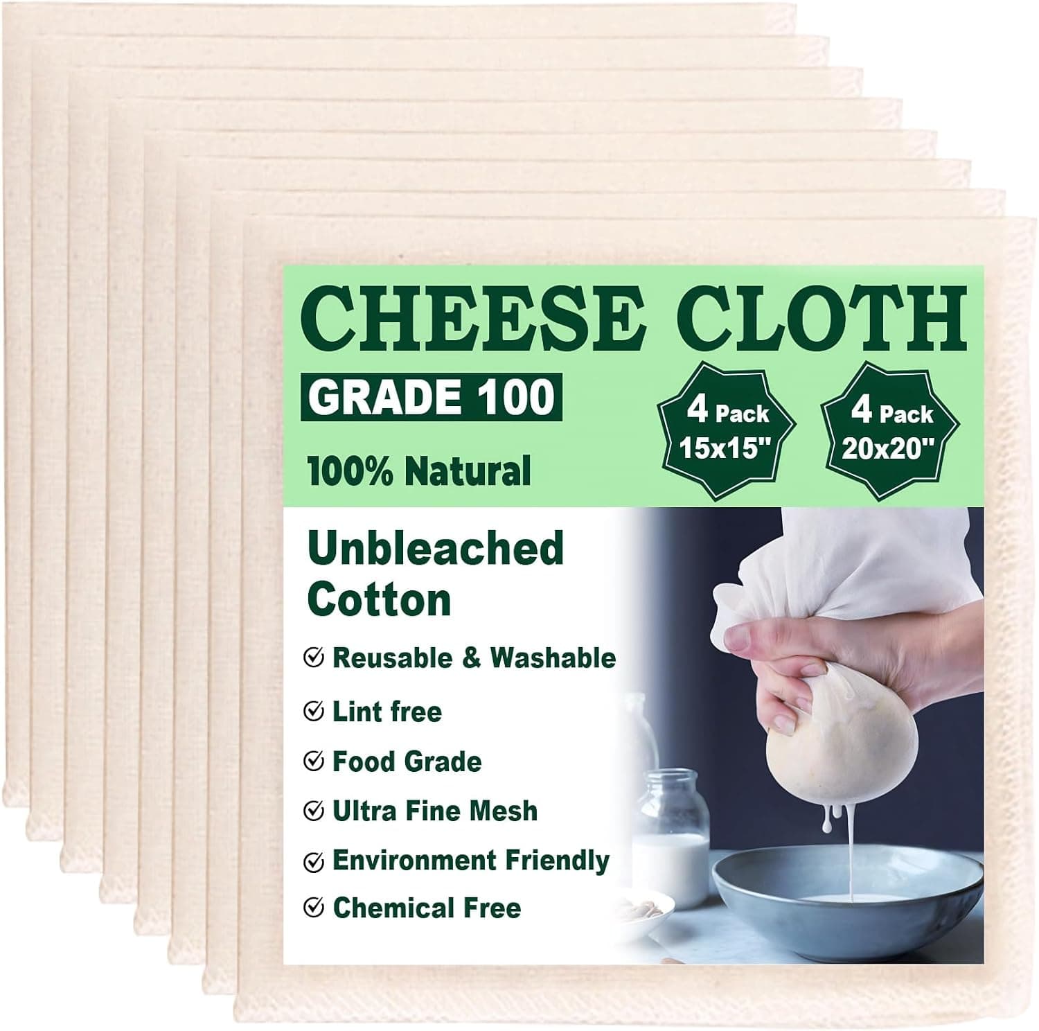 Cheese Cloths for Straining, 8 Pack Grade 100 Unbleached Hemmed Cheesecloth for Basting Turkey, Canning, Straining, Cheesemaking, Natural Ultra Fine (8, 15 * 15''&20 * 20")