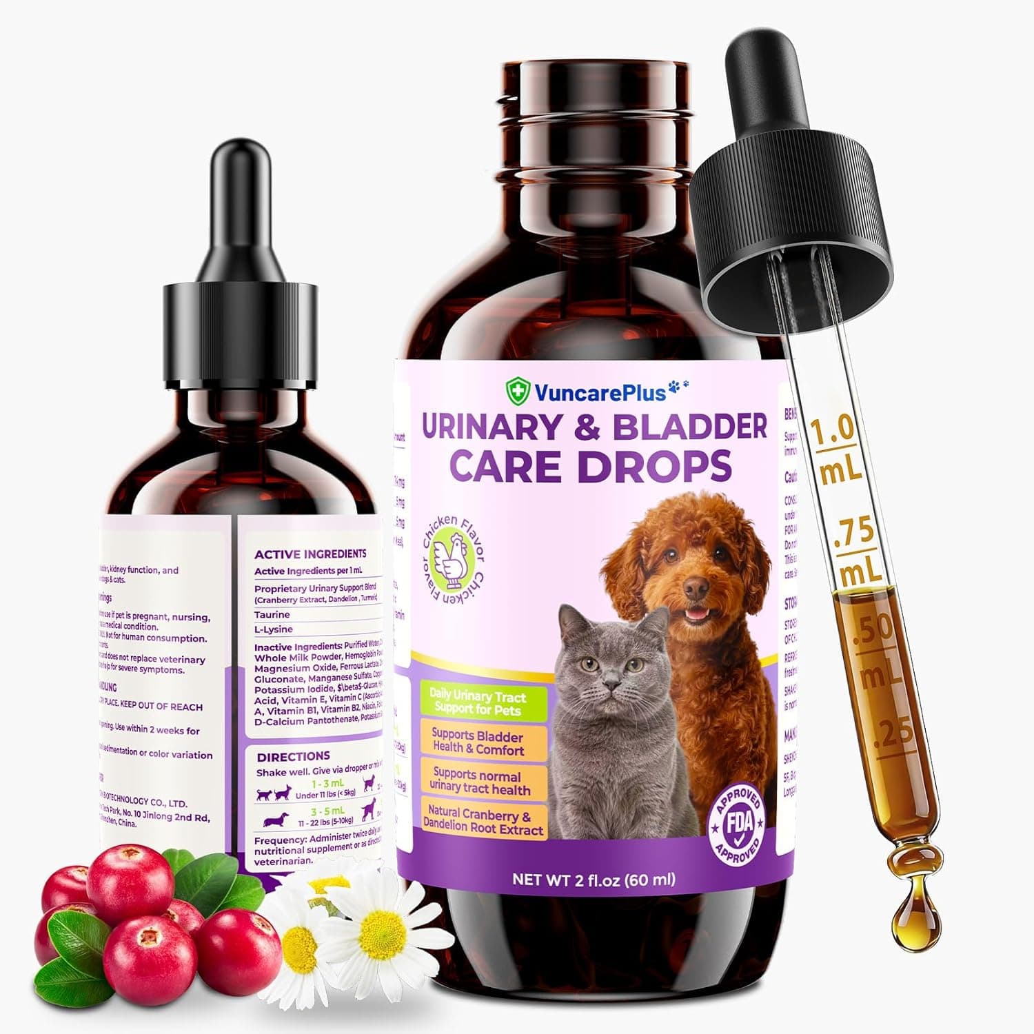 Urinary Tract Support for Dogs & Cats, Cranberry Supplement for Bladder & Kidney Health, UTI Support Liquid Drops with Dandelion, Turmeric, L-Lysine & Taurine, Chicken Flavor, 2 fl oz