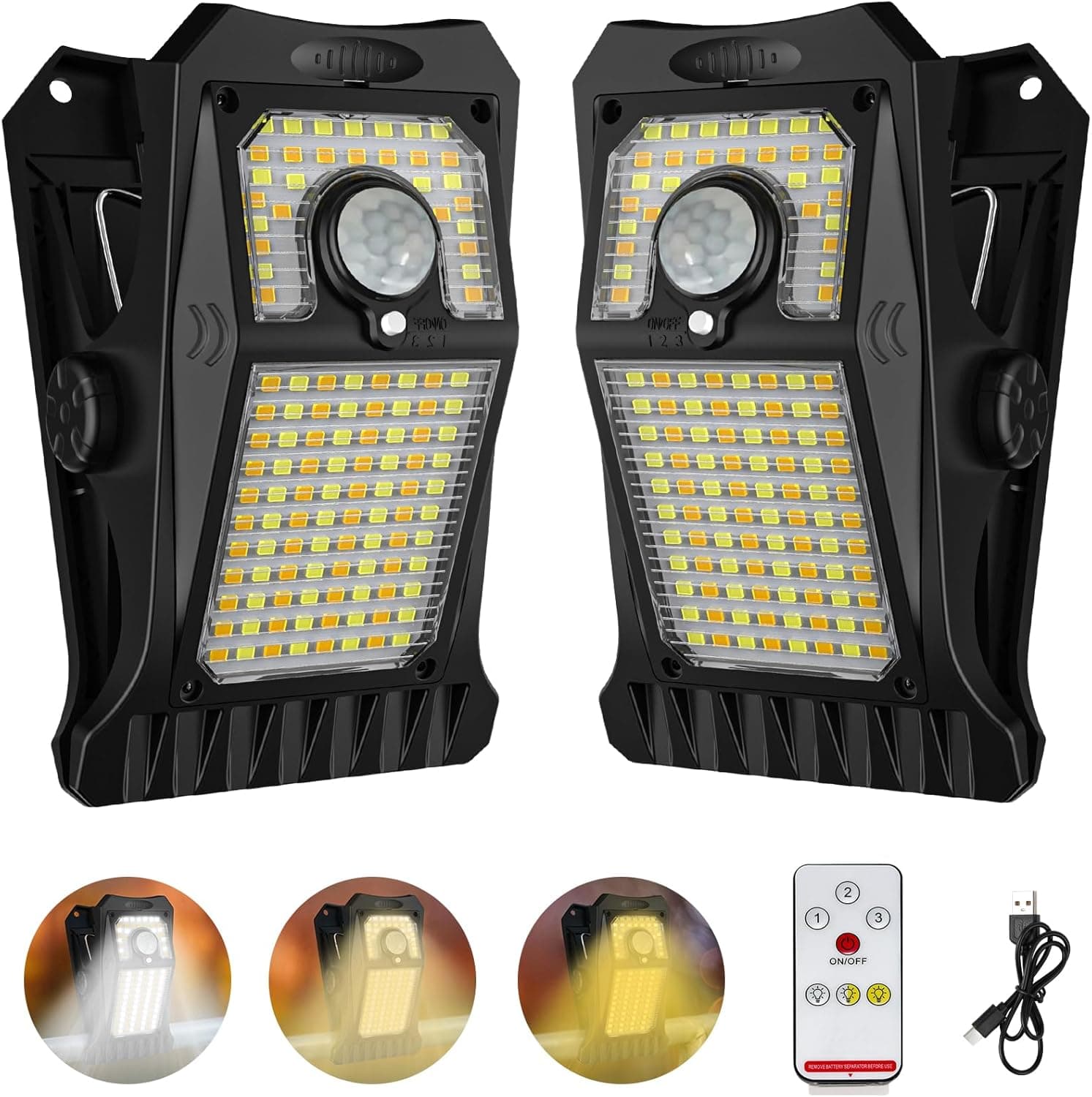 Tryme 118Leds Solar Lights Outdoor Clip Motion Sensor Lights Security Light 3 Modes, 3 Color Temperature, Solar Powered, USB Charging (2 Pack) - image 1