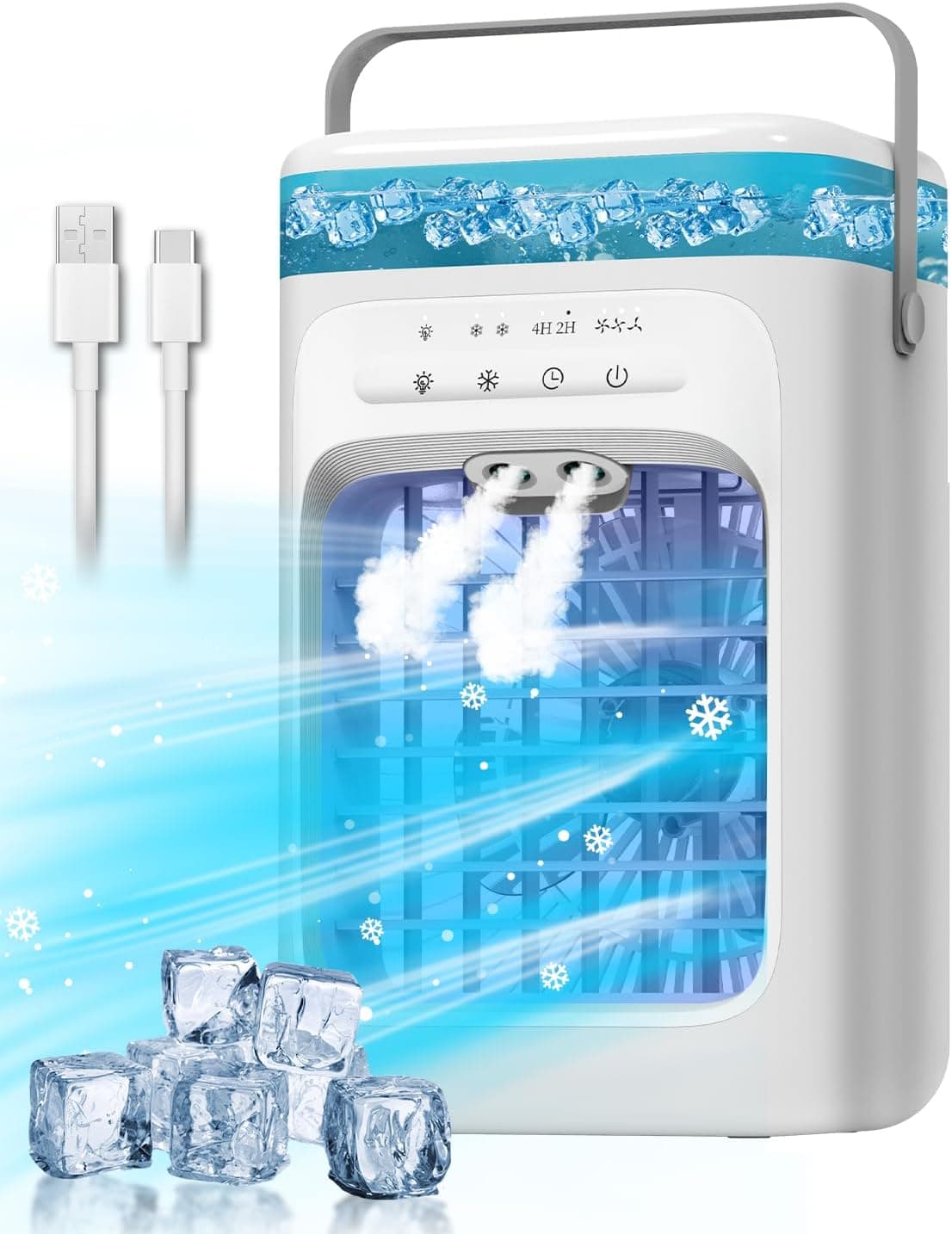 Portable Air Conditioner, 4-in-1 Evaporative Air Cooler, Personal Cooling Fan with 3 Speeds, 2 Mist Modes, 7 LED Night Light, 2-4H Timer, Quiet Mini Air Cooler for Bedroom Office Camping (White)