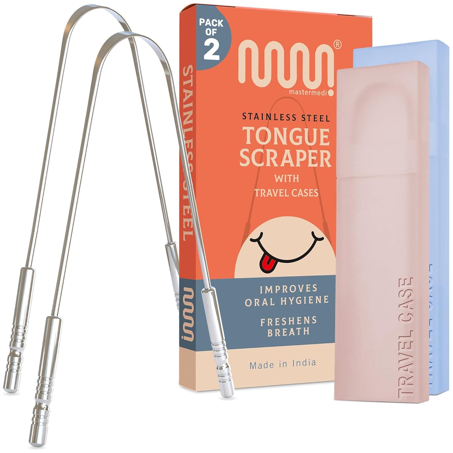 MasterMedi Stainless Steel Tongue Scraper 2-Pack with Travel Cases