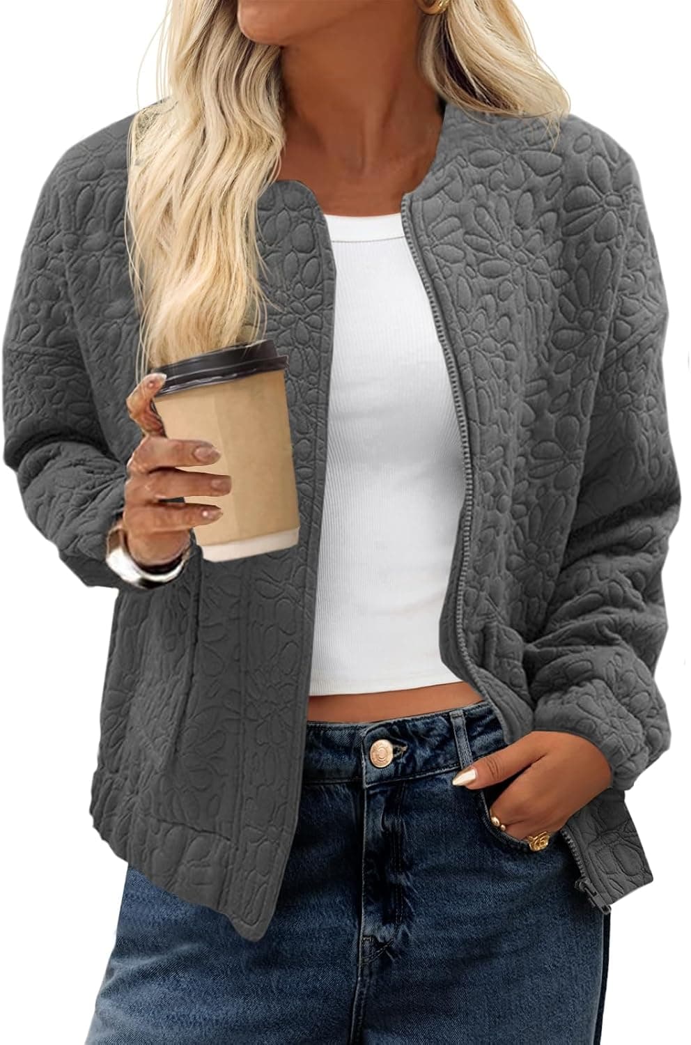 Tankaneo Womens Bomber Jackets Zip Up Fashion Cute Jacquard Lightweight Coats Fall Varsity jacket