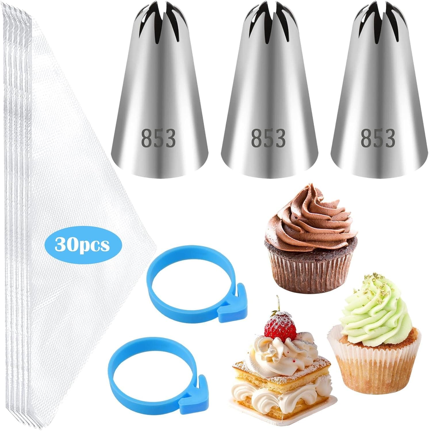 35pcs #853 Open Star Piping Tips and Bags Set, Stainless Steel Star Decorating Tip for Cake Cupcakes Shells Stars Roses DIY Baking Supplies - image 1