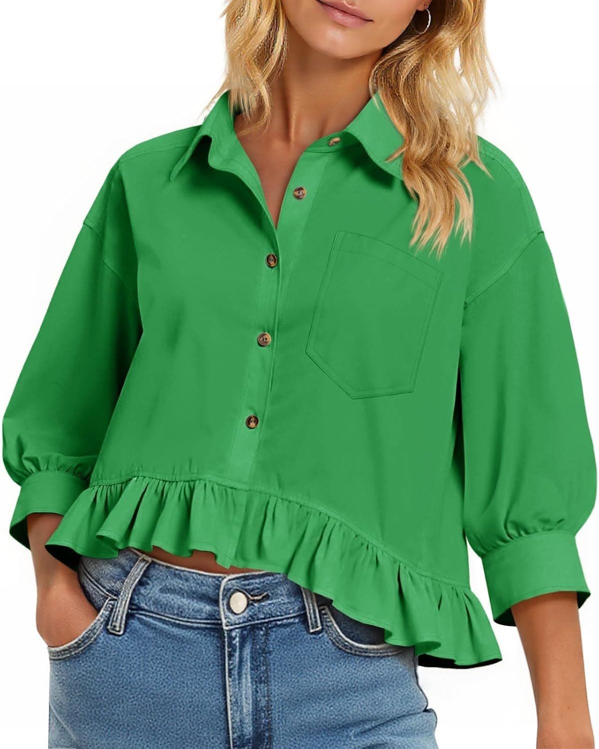 Cicy Bell Womens Cropped Button Down Shirts 3/4 Length Sleeve Casual Cotton Blouses Loose Fit Ruffle Hem Tops