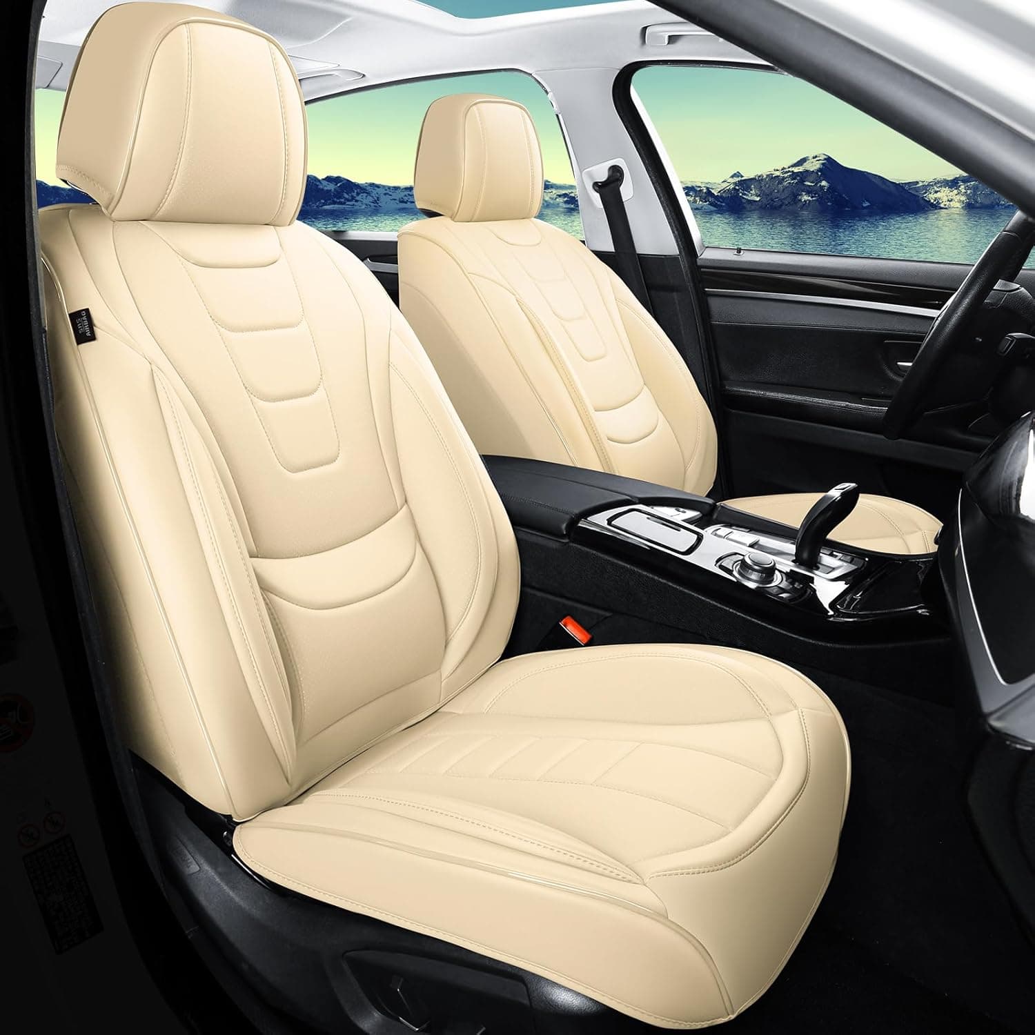 Car Seat Covers for Full Set – Waterproof & Breathable Faux Nappa Leather, 360° Wrap Design, Airbag Compatible, Lumbar Support, Perfect for Drivers Who Sweat-Breathable Design. – Beige