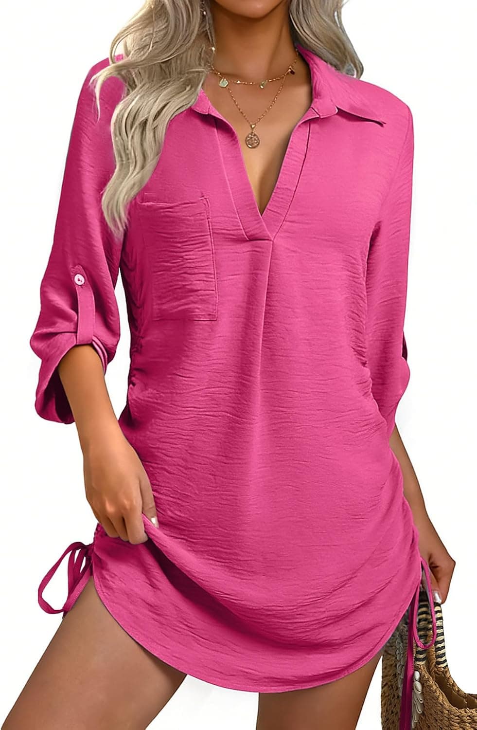 Women Swimsuit Coverup Bathing Suit Cover Ups for Swimwear Swim Summer Bikini Beachwear Drawstring Beach Dress Shirt - image 1