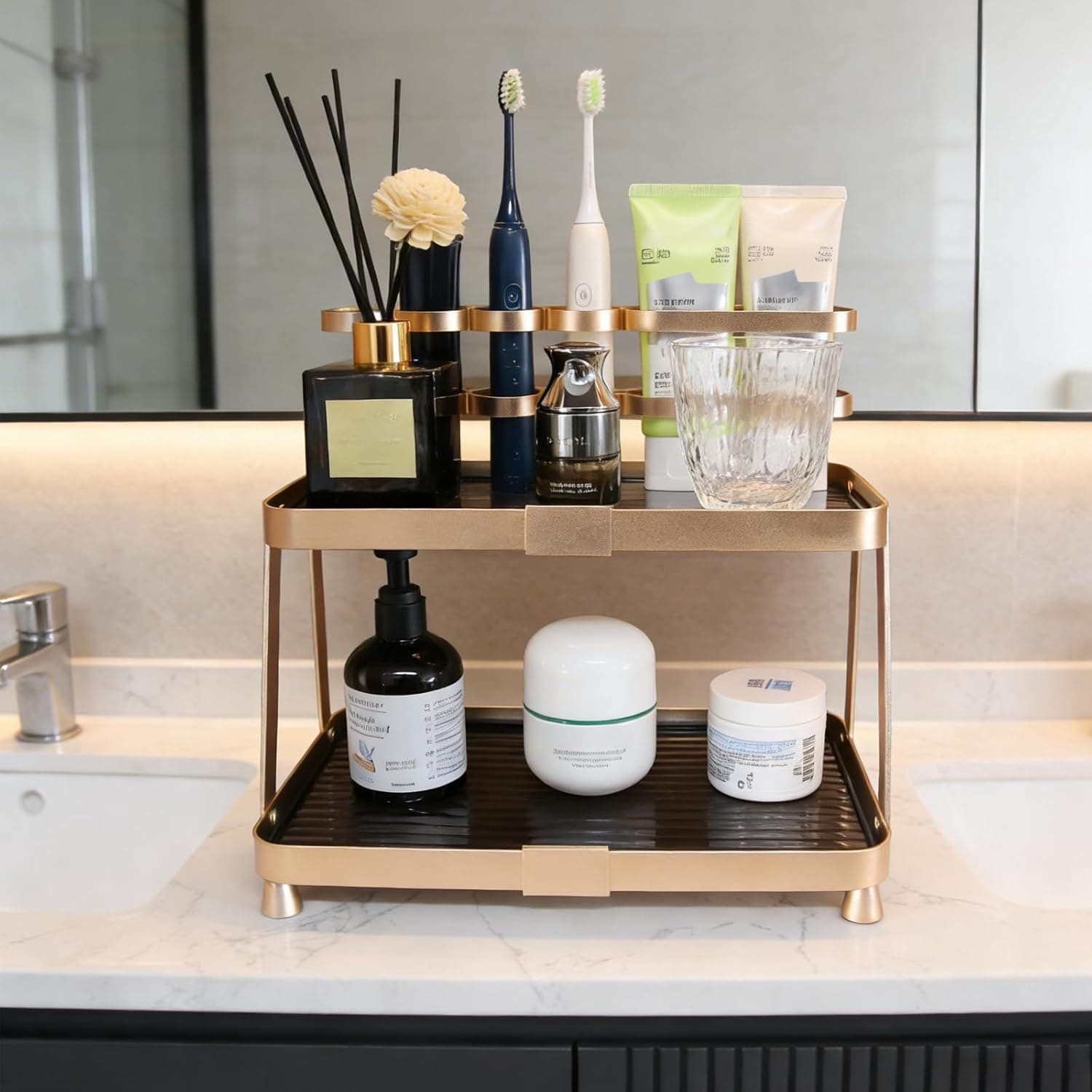 YUPER Bathroom Countertop Organizer, 2-Tier Vanity Organizer With Makeup Brush Holder, Large Countertop Tray for Skincare, Perfume, Cosmetics, Bathroom Sink Organizer Countertop