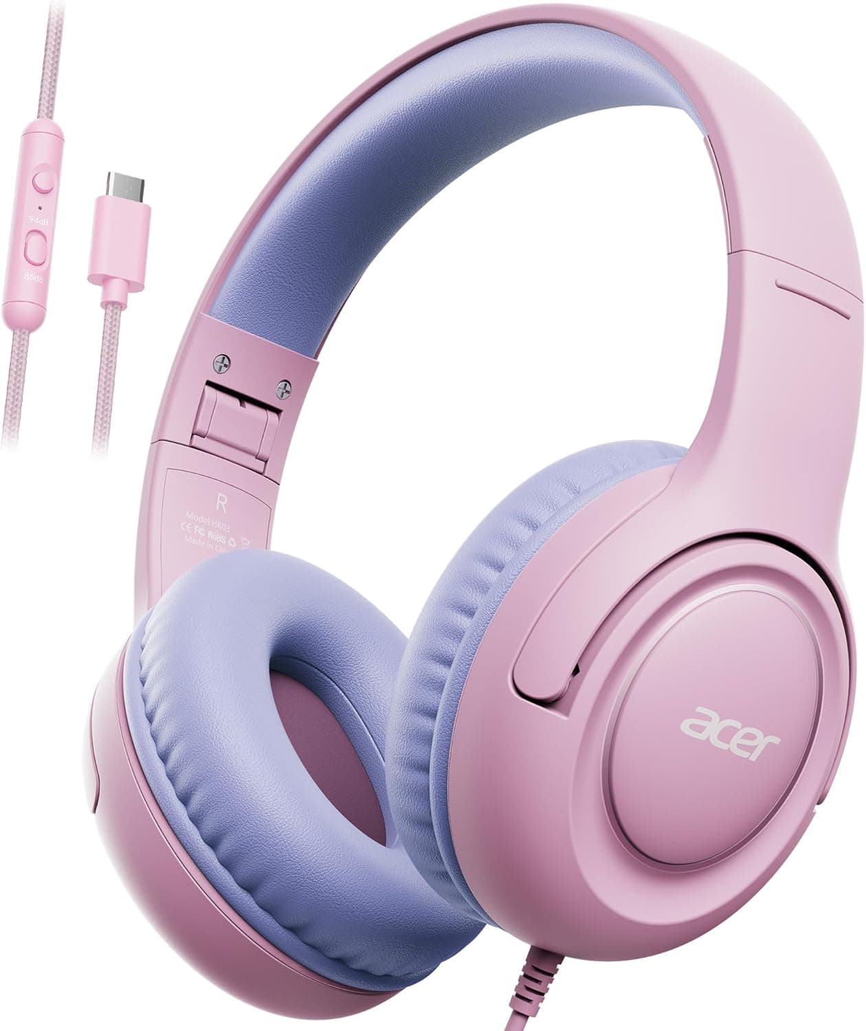 Acer USB-C Kids Headphones - 85/94dB Safe Volume Limited, Foldable Wired Over Ear Headphones for Travel, Toddler Headphones for School, Travel, iPad, Tablet, Purple Pink, HK03C - image 1