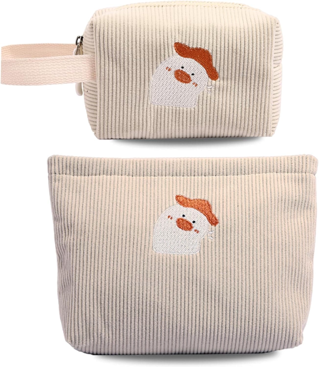 Corduroy Makeup Bag Set for Girls Kids, 2Pcs Cute Embroidered Cosmetic Bag for Women, Wide-Open Travel Toiletry Pouch for Accessories, Daily Organizer for Teens Birthday Christmas Gift, White Chicken - image 1