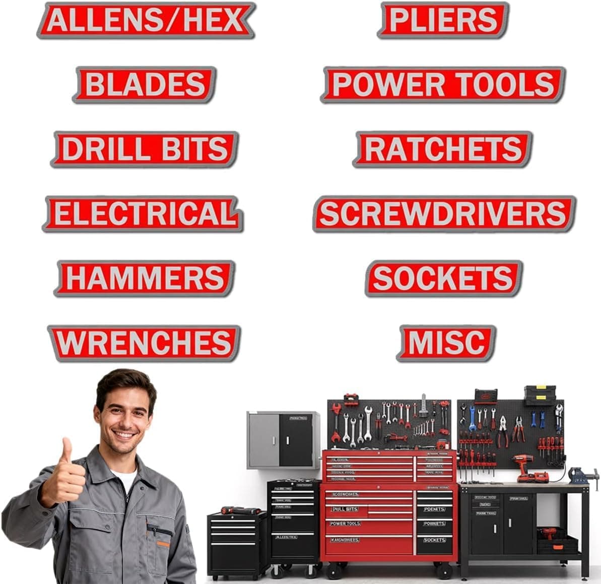 Magnetic Tool Box Organization Labels, 12 Pack Reusable Steel Cabinet Labels for Workshop Storage, Toolbox Drawer with Strong Magnet Backing (Red)